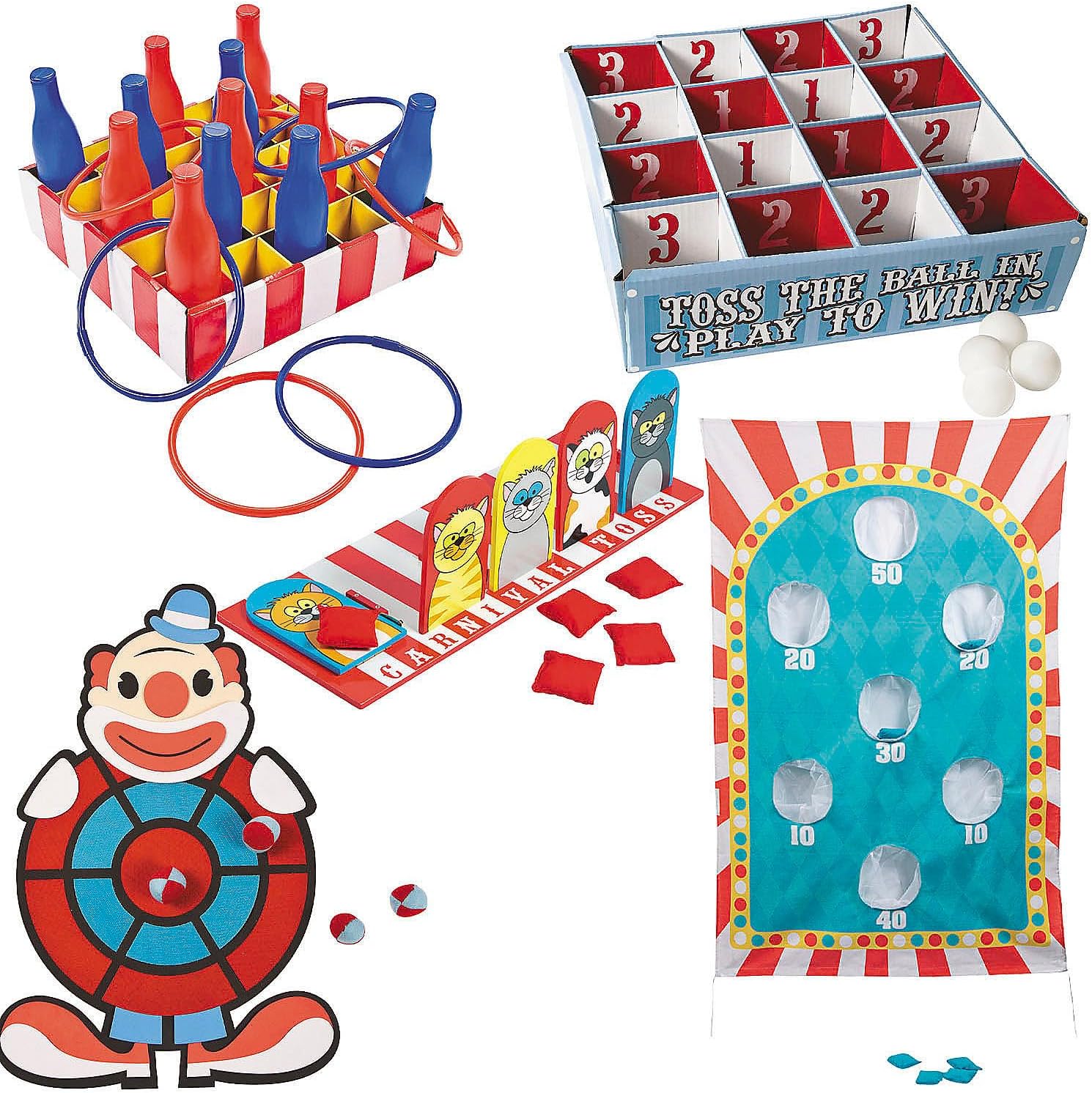 Fun Express Carnival Game Kit - 53 Piece Party Games for Kids Birthday Activities | Ring Toss, Bean Bag Toss, Dart Board & Bowling Set for Indoor Fun | Carnival Games for Adults and Family Gatherings