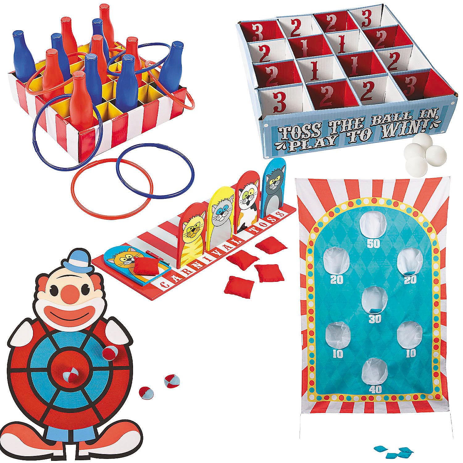 Fun Express Carnival Game Kit - 53 Piece Party Games for Kids Birthday Activities | Ring Toss, Bean Bag Toss, Dart Board & Bowling Set for Indoor Fun