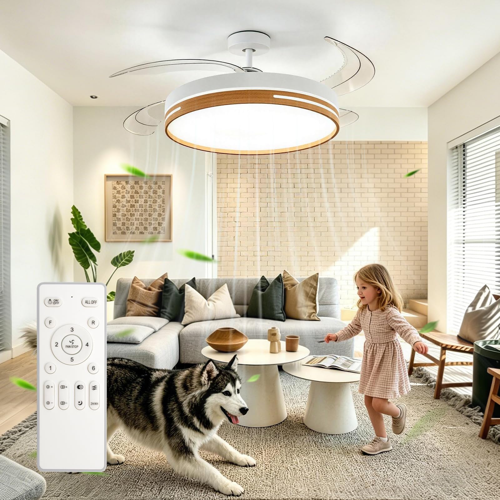 Ventilateur de Plafond avec Éclairage LED 30W 4 Pales Rétractables Transparentes Réglable Minuterie Lampe Ventilateur de Plafond Éclairé avec Mémoire et Télécommande 6 Vitesses
