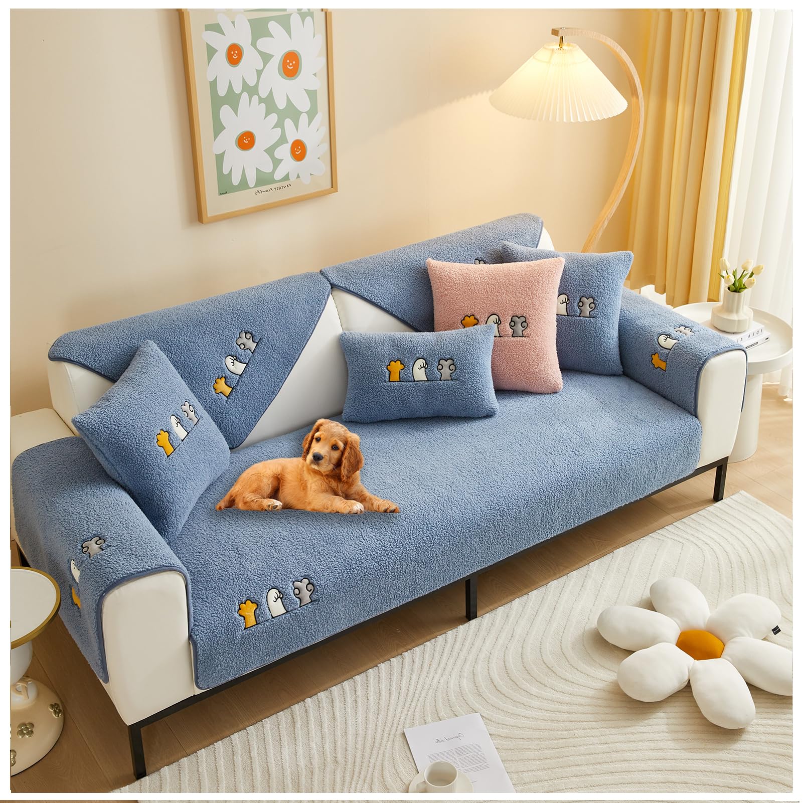 Sherpa Fleece Sofa Couch Covers,Fuzzy Furry Non Slip Sofa Slipcover Furniture Protector,Washable Seat Cover Slipcover Elastic Furniture Protector for Pets, Kid (Blue,30 * 50cm Pillowcase)