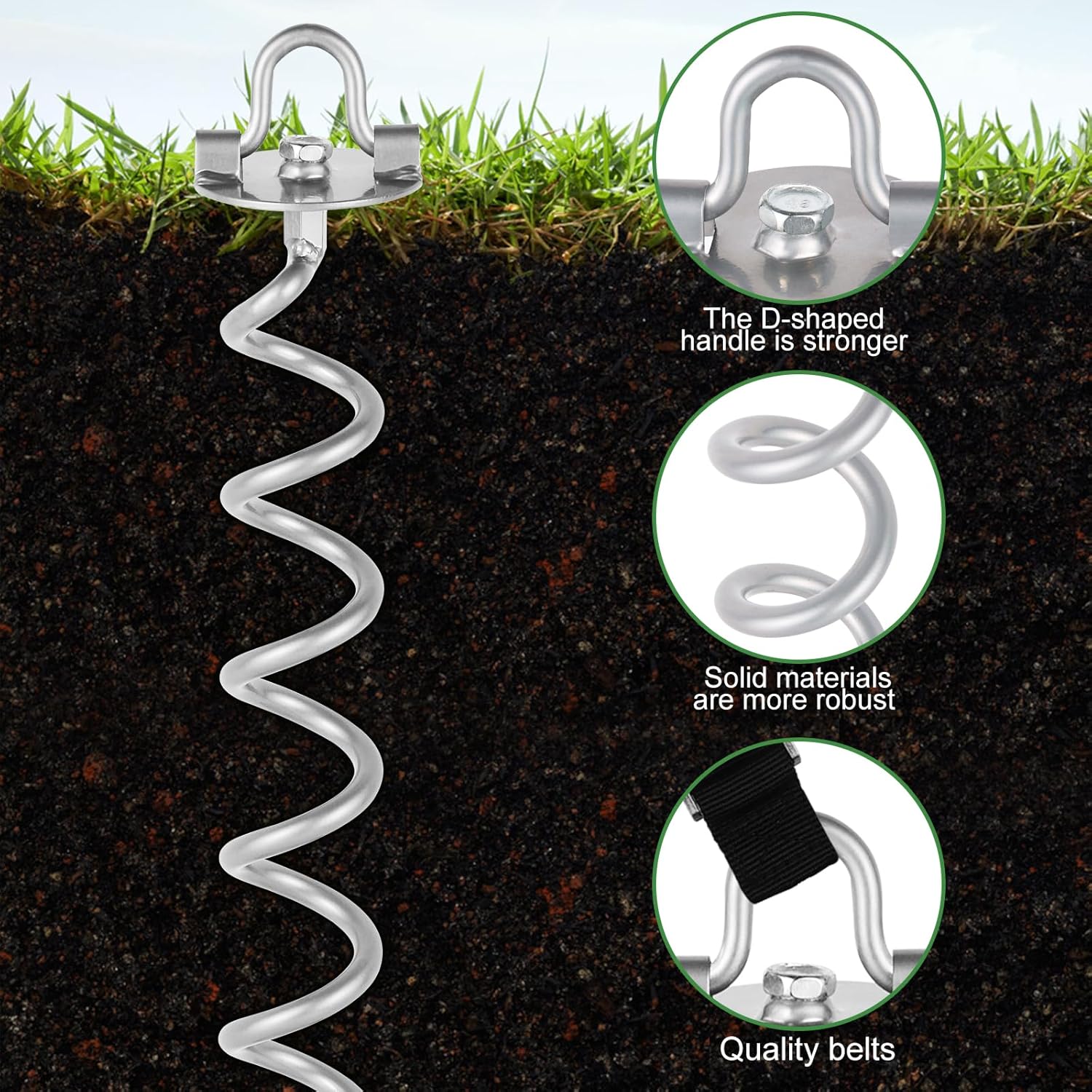MIXXIDEA 17.5 Inch Gound Anchors Screw in, Metal Spiral Earth Anchors Kit, Heavy Duty Folding Ring Ground Stakes for Tent Trampolines, Garden Fence, Sheds, Swings (Silver, 17.5 Inch with 92in Strap)