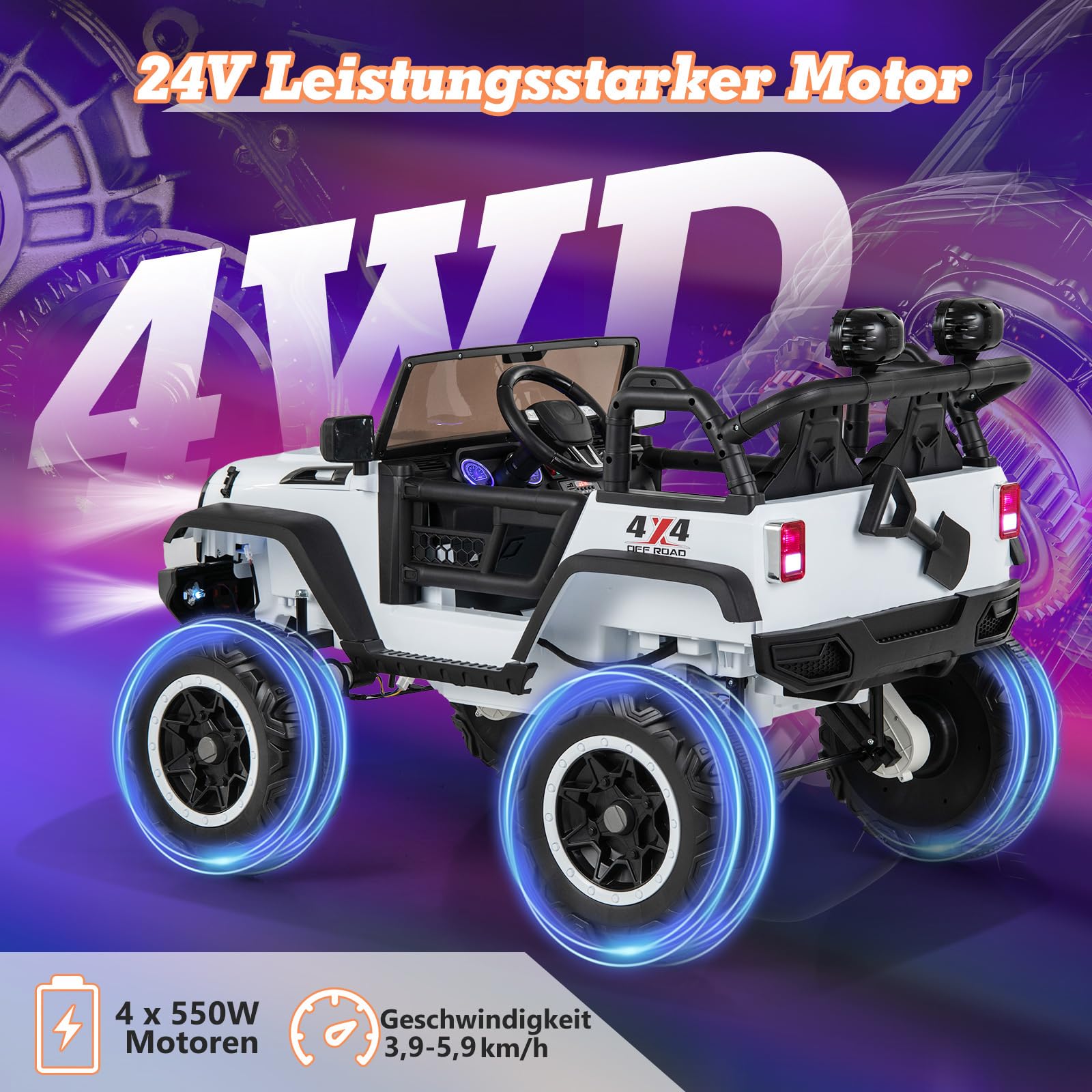 COSTWAY 2-Sitzer Elektroauto für Kinder, 24V Kinderfahrzeug mit Fernbedienung & Schaufel, Elektrofahrzeug mit Musik & Geschichten & USB & Hupe, Elektro Auto für Kinder ab 3 Jahren (Weiß)
