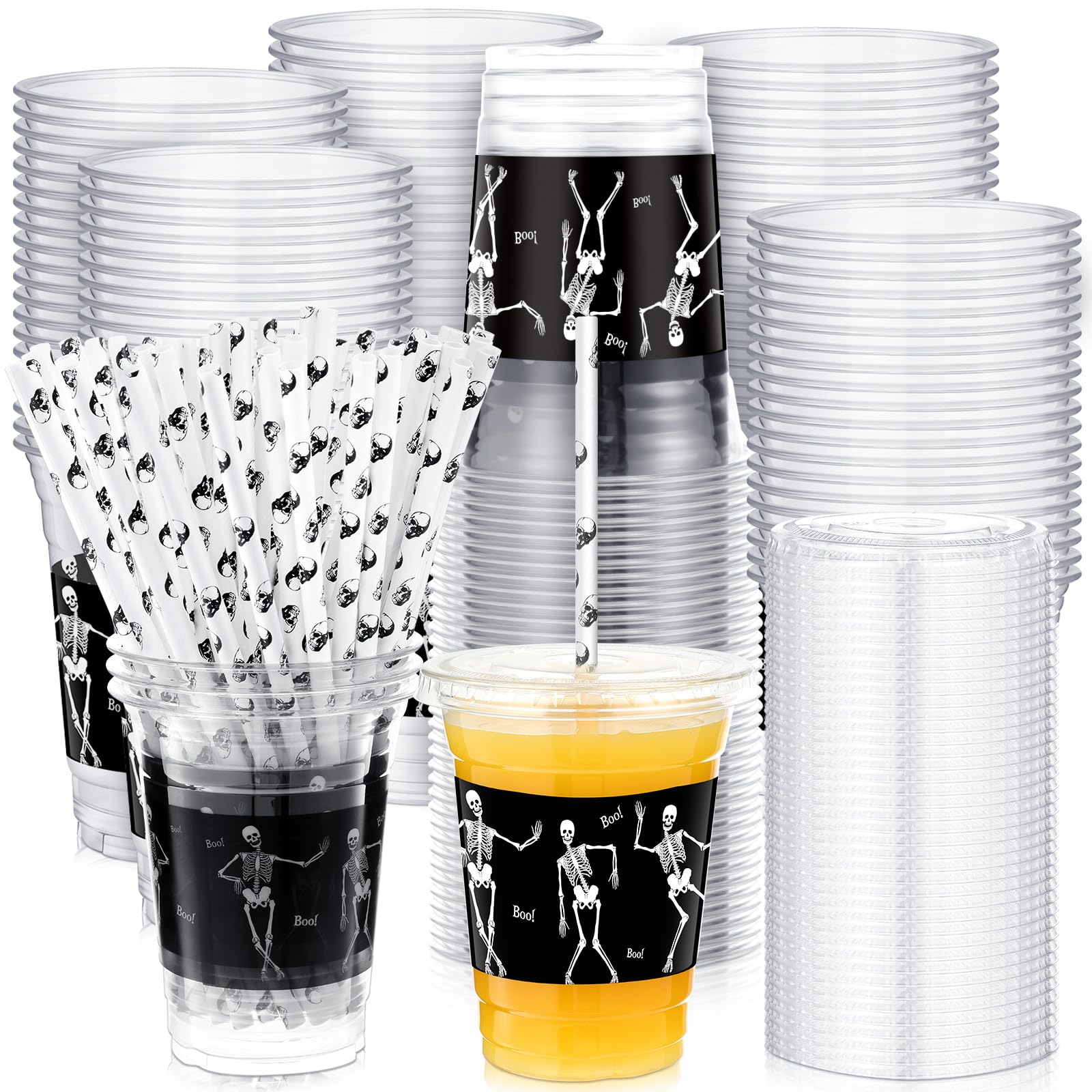 meekoo 50 Sets Skeleton Cup with Flat Lids and Straws 12 oz White Black Skeleton Bone Plastic Cups Clear Drink Disposable Cups with Lids for Halloween Trick or Treat Decoration Mega Haunted House
