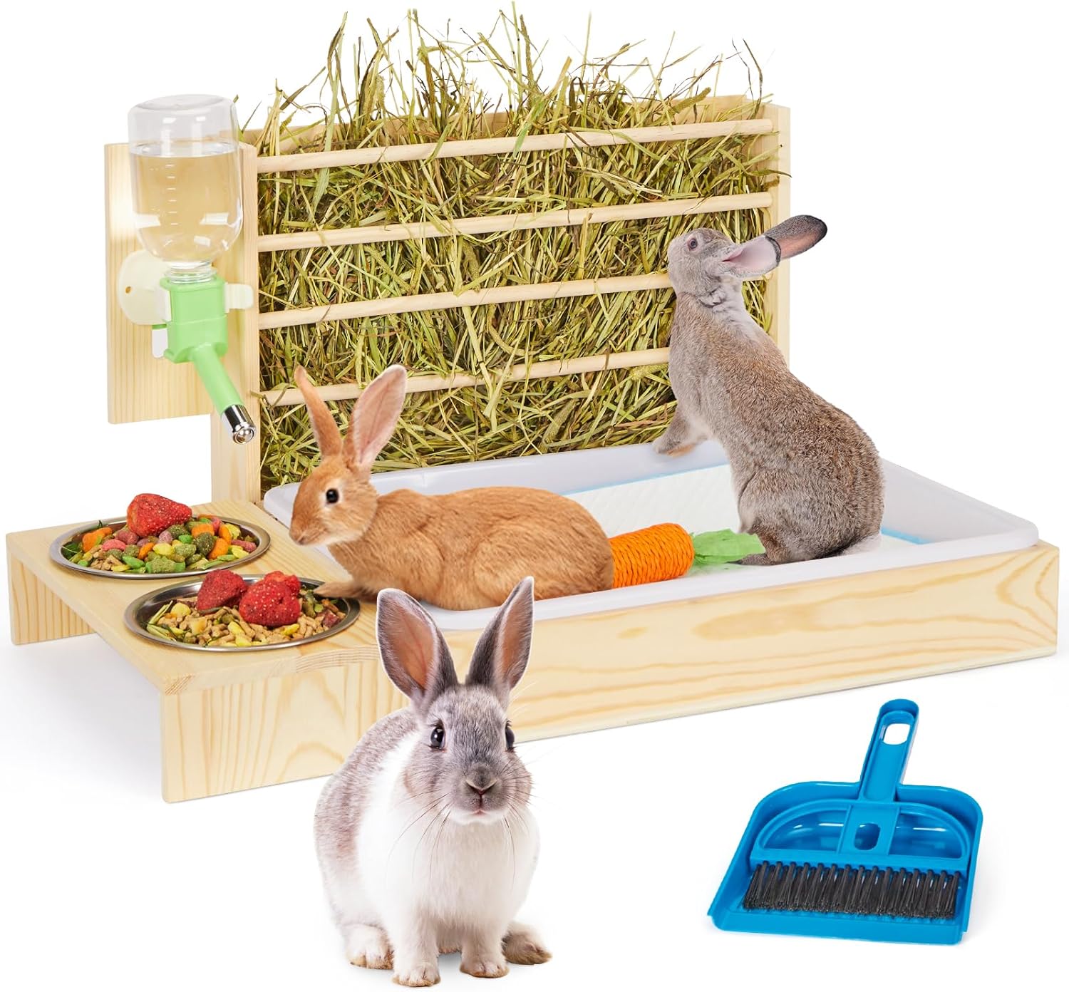 4 in 1 Rabbit Hay Feeder with Litter Box, Small Animals Hay Rack with Water Bottle, and 2 Bowls, Wooden Bunny Hay Holder Feeder Toilet Combo for Rabbit, Guinea Pig, Hamster, Hedgehog, Chinchillas