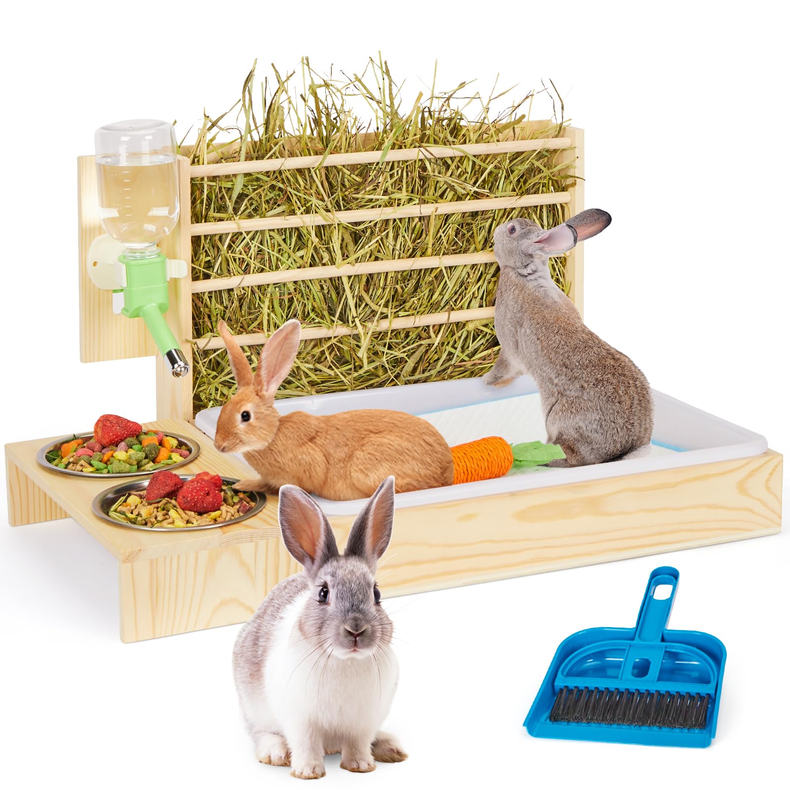 4 in 1 Rabbit Hay Feeder with Litter Box, Small Animals Hay Rack with Water Bottle, and 2 Bowls, Wooden Bunny Hay Holder Feeder Toilet Combo for Rabbit, Guinea Pig, Hamster, Hedgehog, Chinchillas