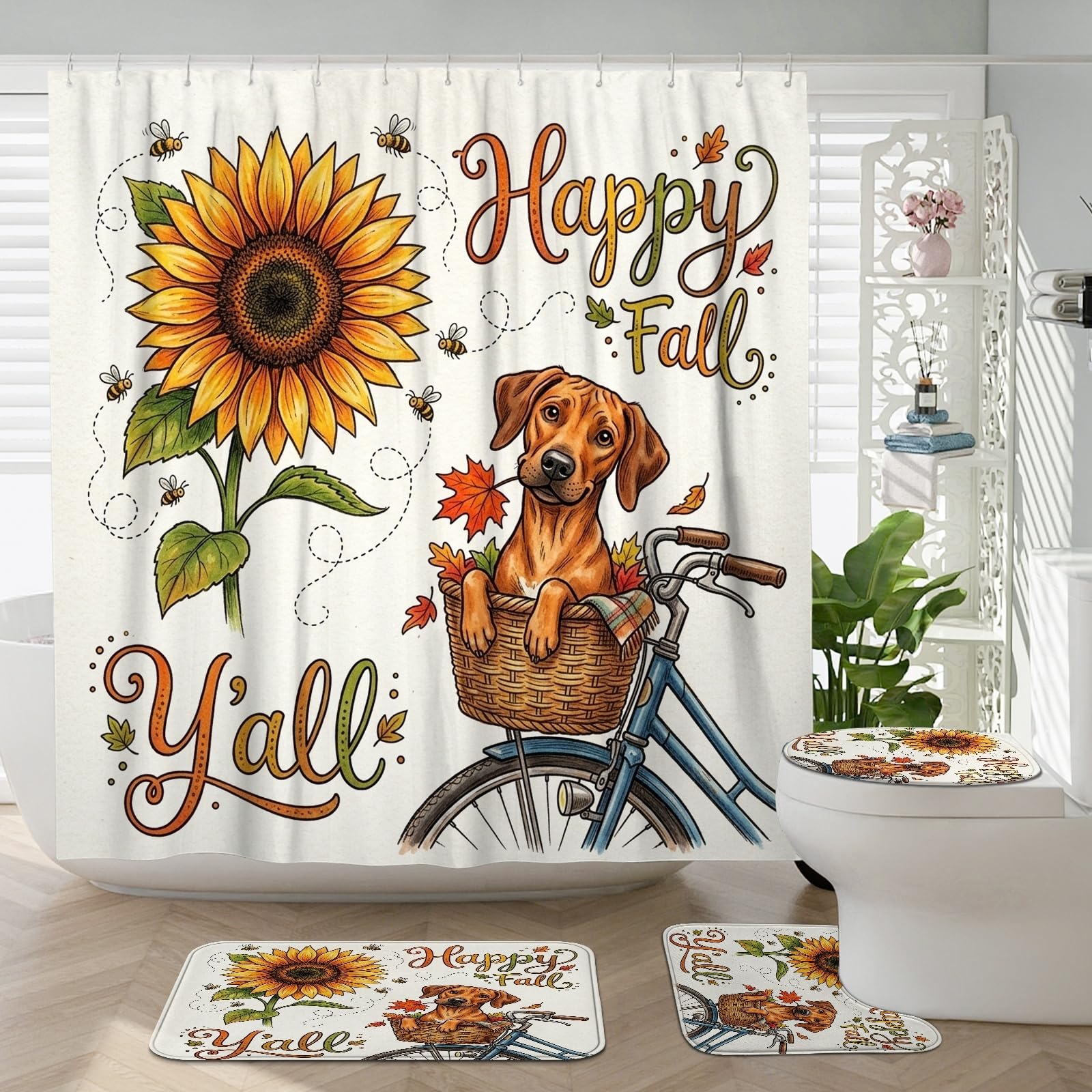 Décoration salle de bain vélo d'automne et tournesol avec tapis de bain en U