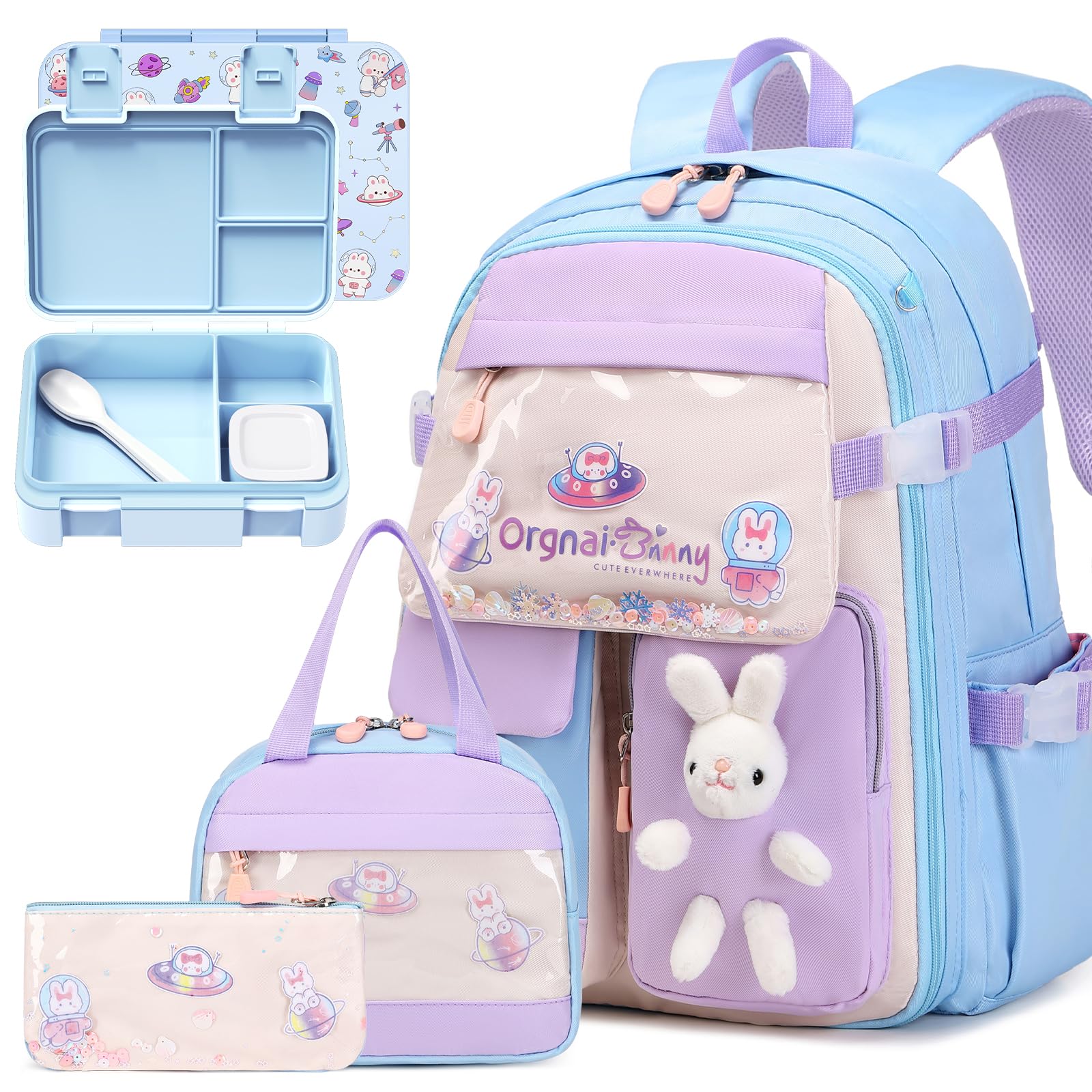 FIXITOK Girls Backpack with Bento Lunch Box Set, Kawaii Bunny School Backpack for Girls with Leak-proof Lunch Containers Lunch Bag Pencil Case for