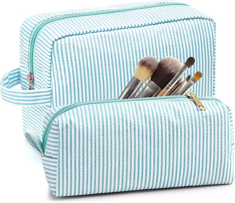 Sanwuta 2 Necessaires de Maquiagem em Seersucker Listrado Lake Blue
