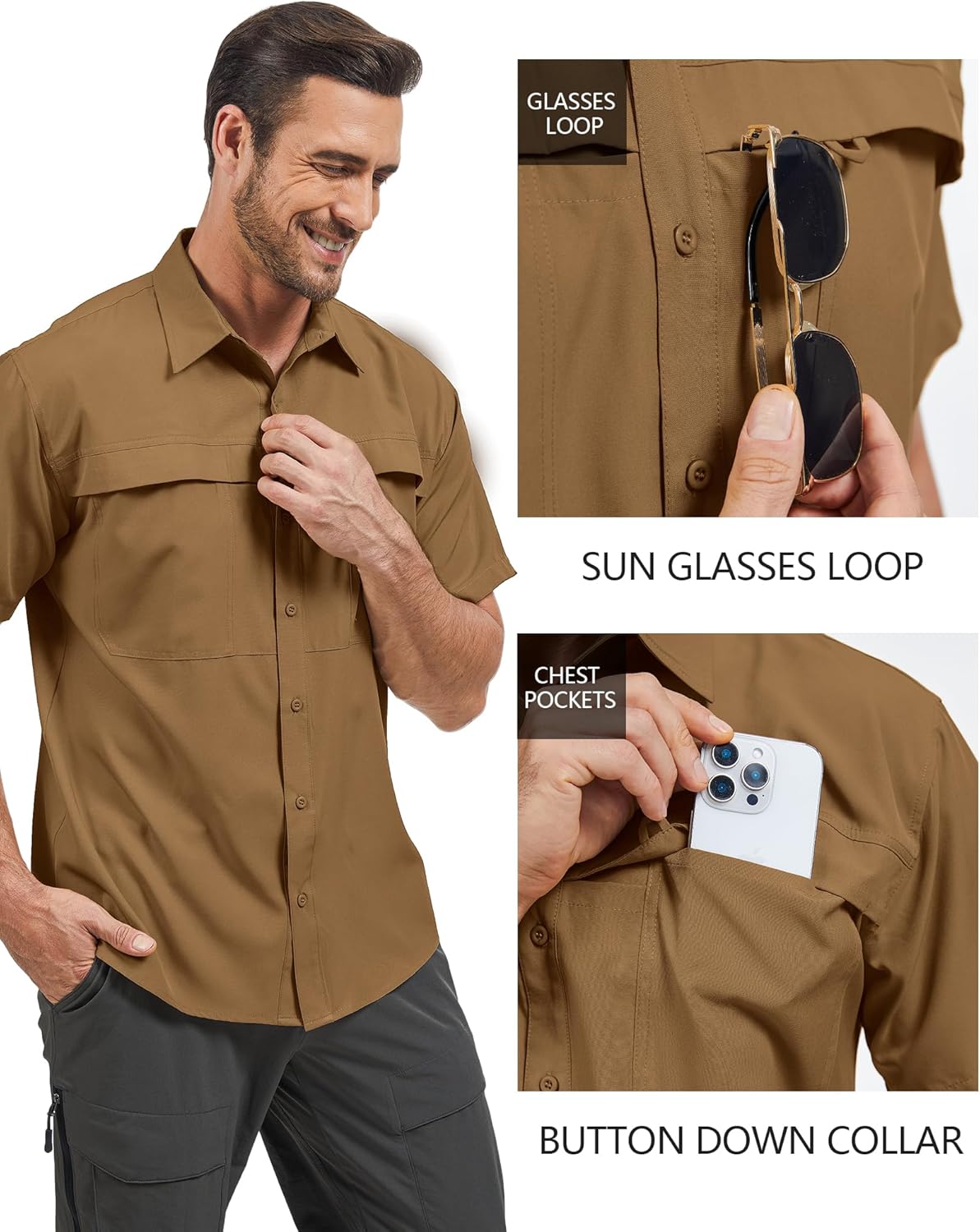 Men's Quick-Dry Hiking Shirts Short Sleeve, Travel Sun Protection Shirts, Mens Safari Cargo Shirt for Fishing Camping - Image 4