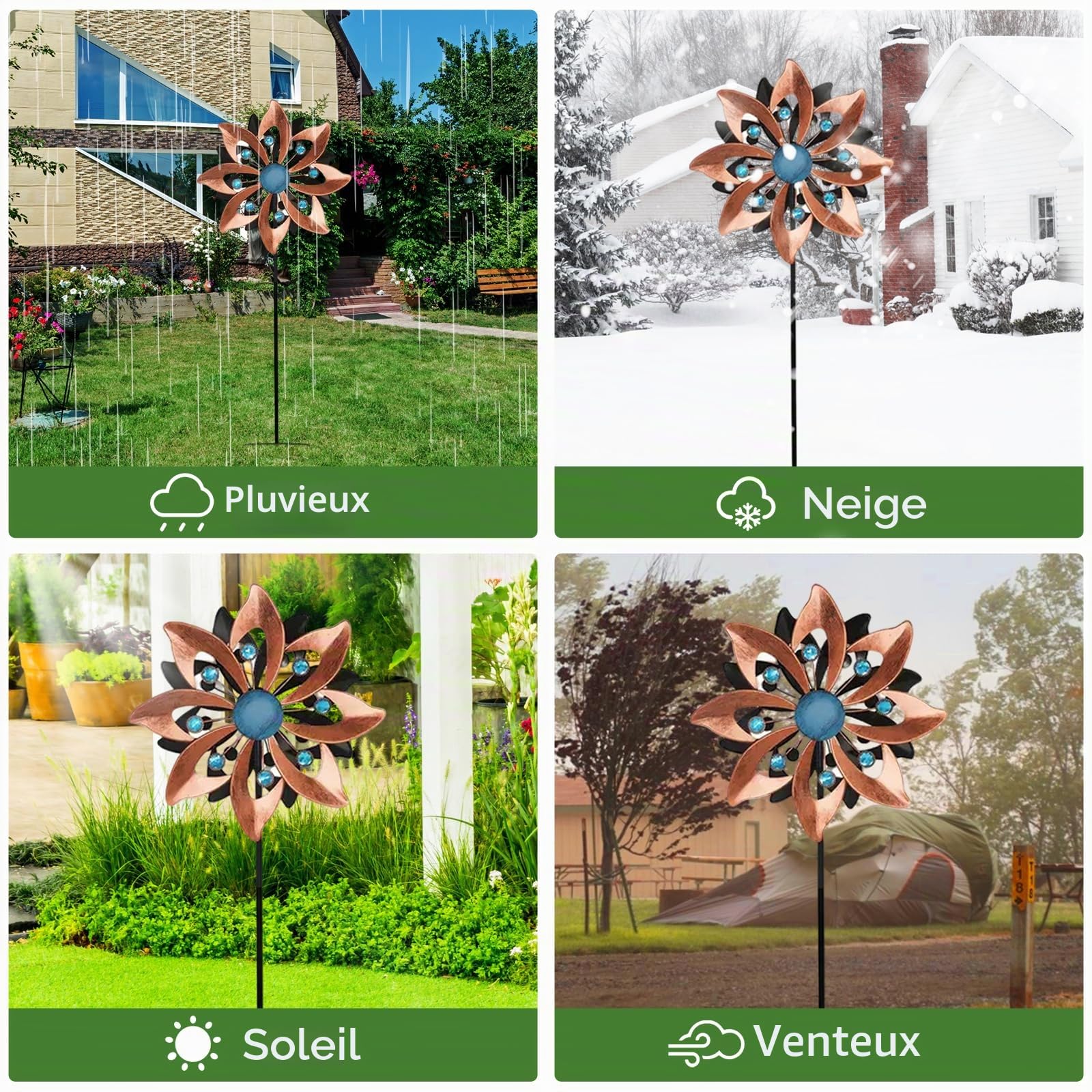 Carillon éolien de jardin - 145 cm - Couleur laiton - En métal - Moulin à vent cinétique 3D - Pour terrasse, pelouse et décoration de jardin