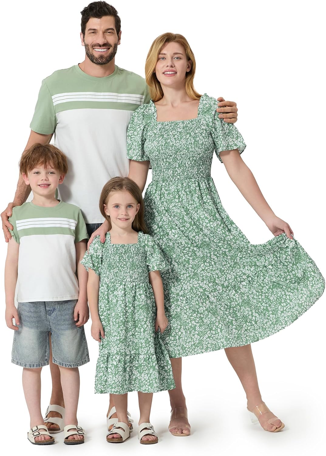 PATPAT Family Matching Outfits Boho Floral Print Square Neck Puff Sleeve Smocked Dress and Short Sleeve T-Shirts Matching Set