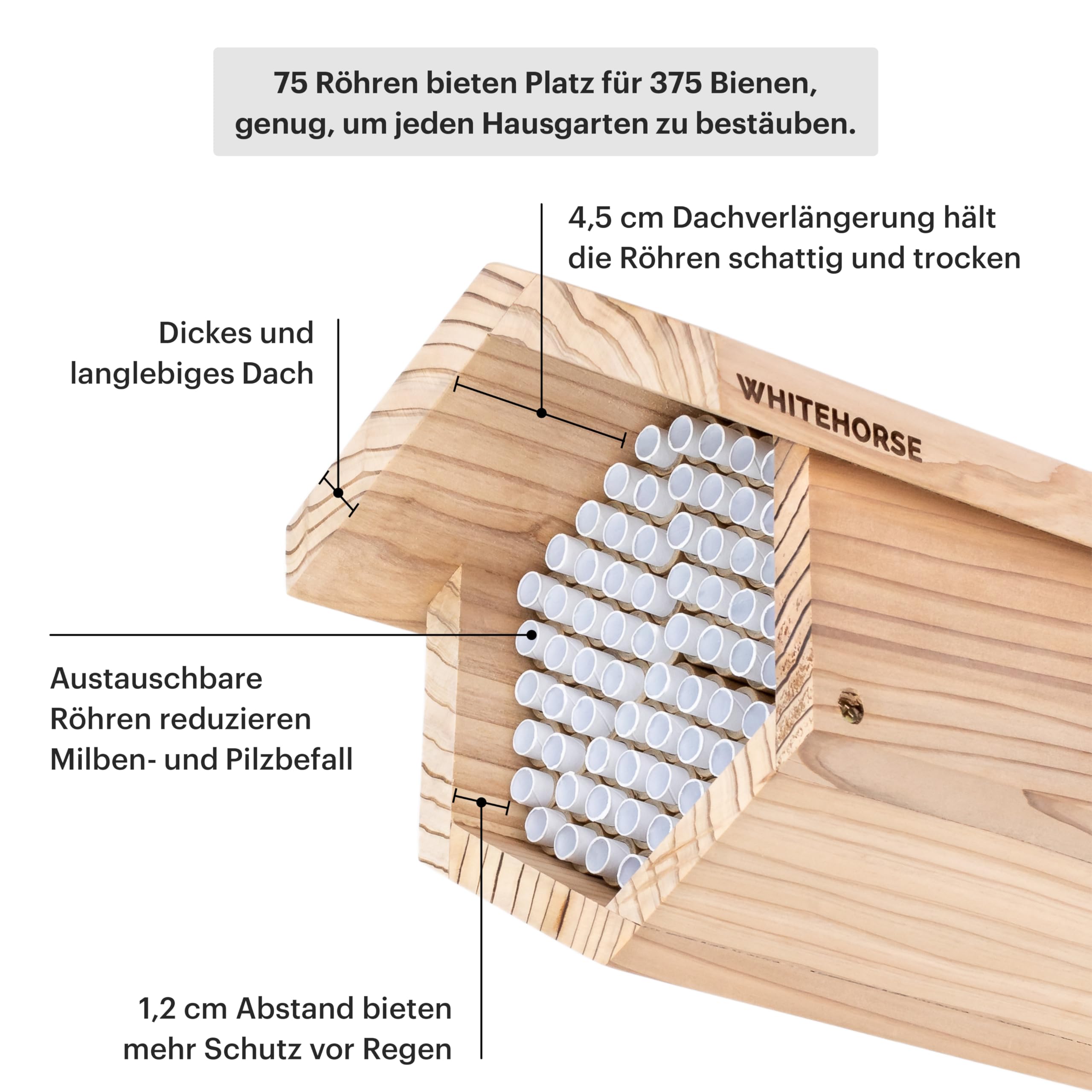 WHITEHORSE Premium-Bienenhaus – Aus Zedernholz – 15 cm Lange austauschbare Röhren – EIN Insektenhotel für die Ewigkeit – Unterstützen Sie Bienen bei der Bestäubung Ihres Gartens