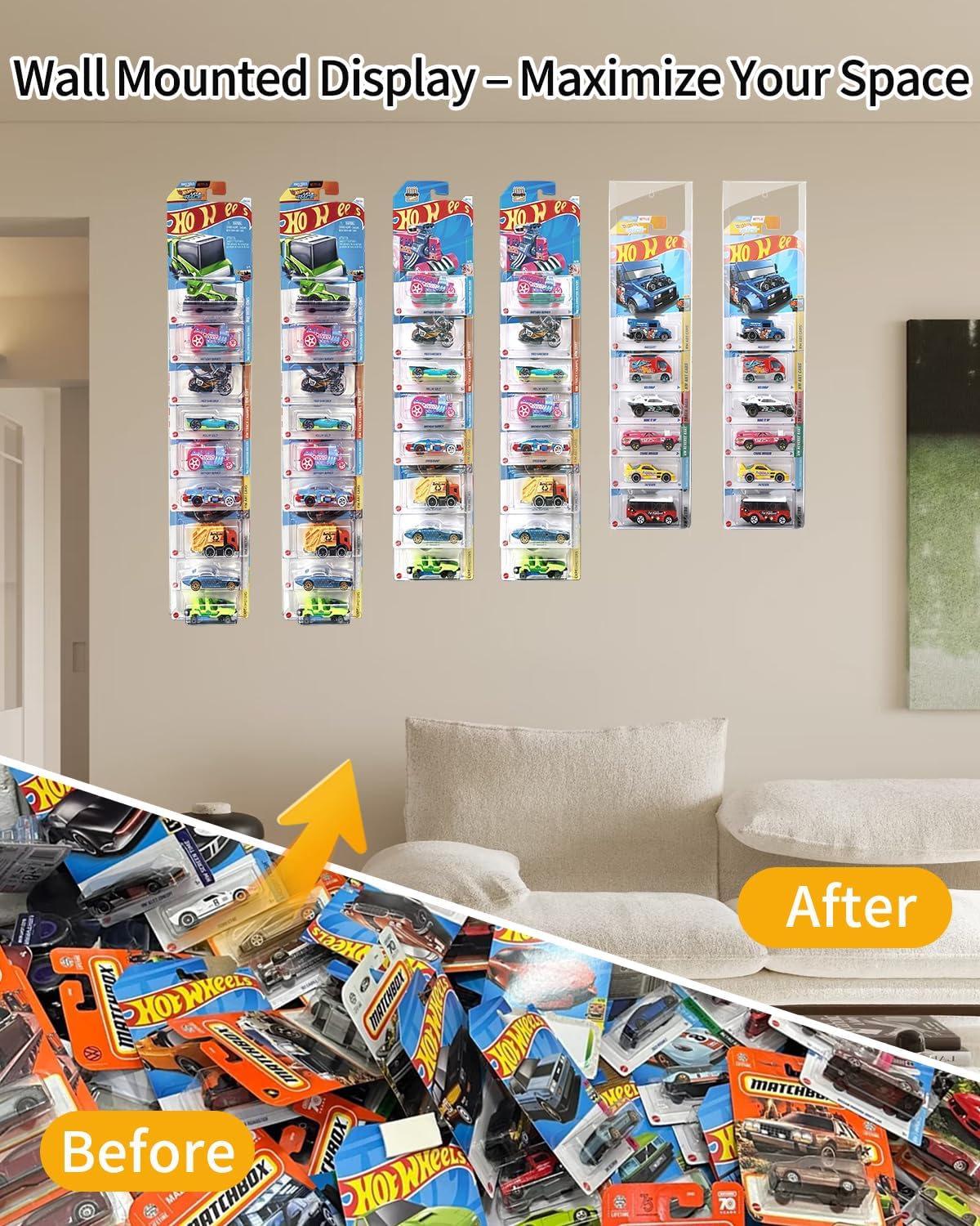 Display Case for Hot Wheels Matchbox, 30-Pack Wall Mount Storage, Holds 200+ Carded Cars, Clear Protector Sleeves for 1:64 Diecast Models, Wall Display Organizer Display Shelf