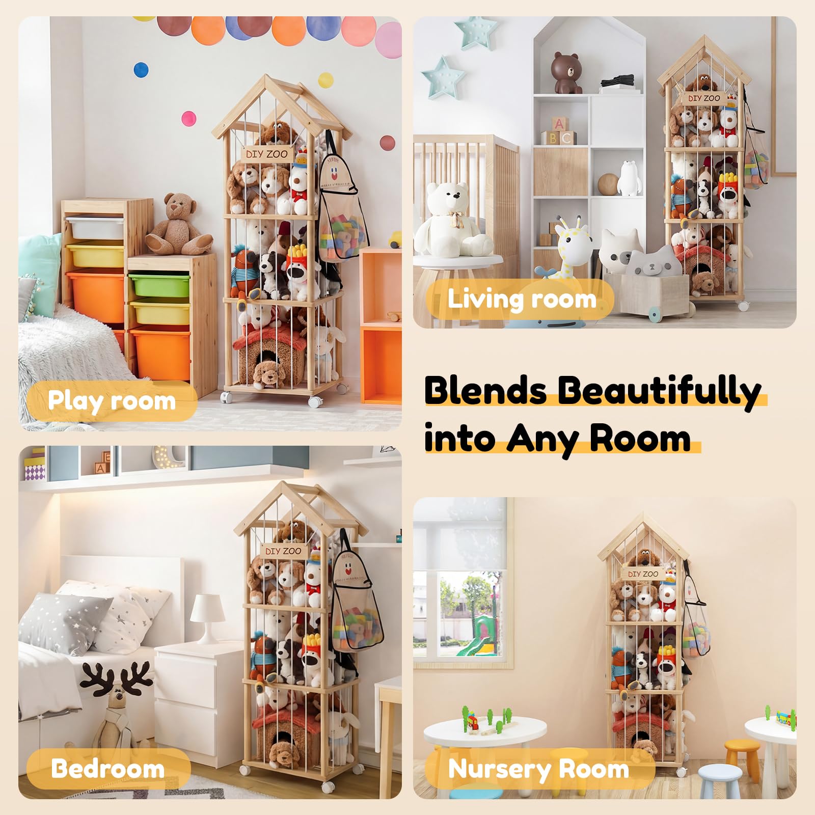 Kuscheltier Aufbewahrung, Holz Stofftier Aufbewahrung, 146 * 42 * 42CM Plüschtier Lagerung Organizer Mit 360°Bremse-Ausgestattete Räder für Spielzimmer, Kinderzimmer, Schlafzimmer, Mit Dach