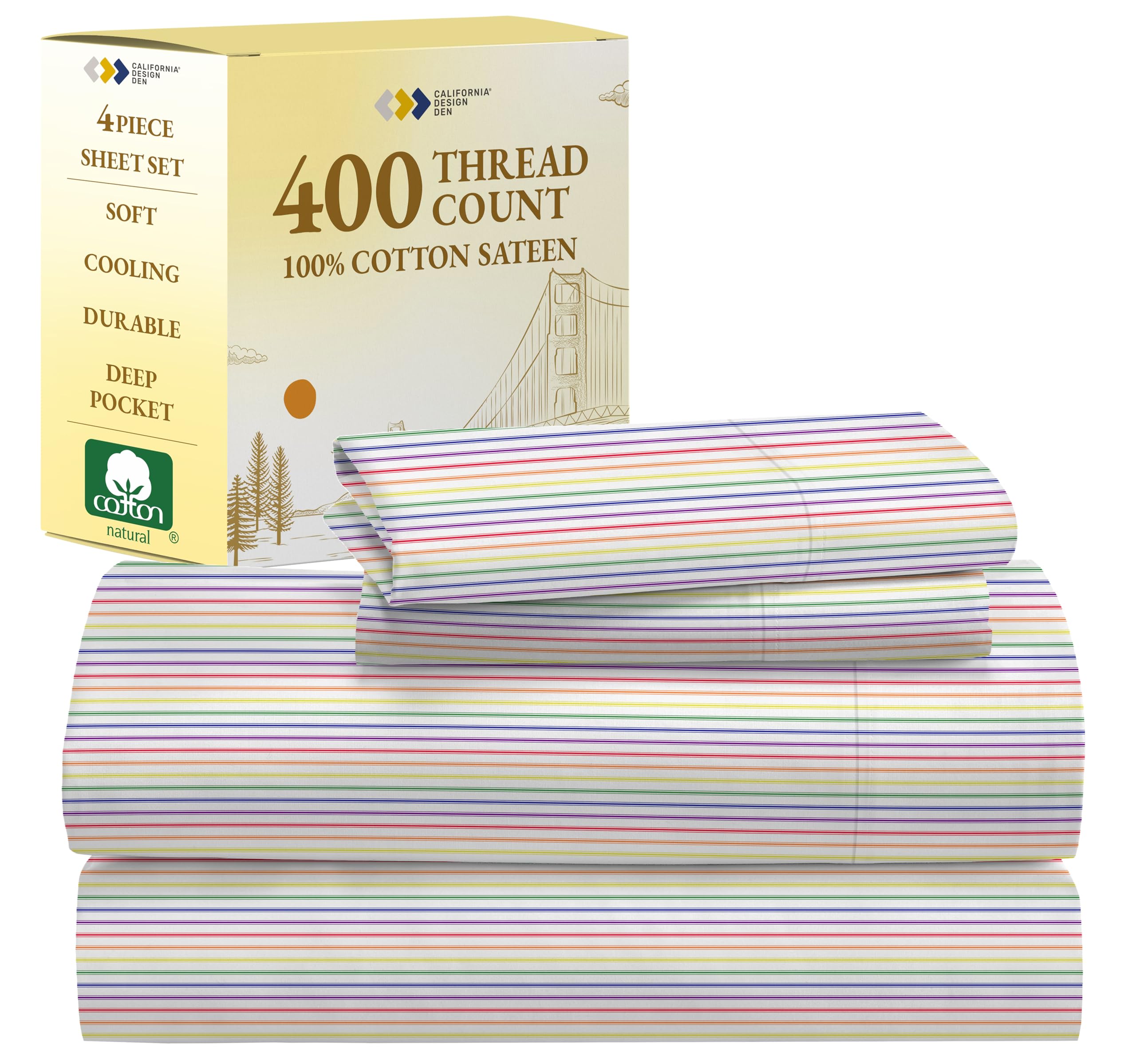 California Design Den Striped Queen Sheet Set - 400 Thread Count Sateen, Natural 100% Cotton Sheet Set Queen Size, Deep Pocket Cooling and Durable Bedding - Rainbow StripedOEKO-TEX STANDARD 100