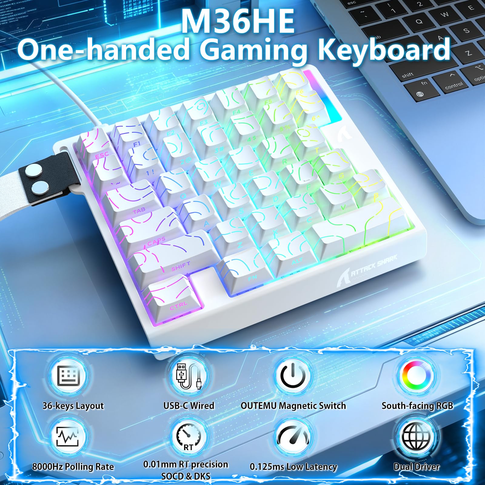 MAMBASNAKE Attack Shark M36 HE Teclado Gaming Una Mano 8000Hz Rapid Trigger, 36 Teclas Cable Interruptor Magnético, Precisión RT 0,01mm, SOCD & DKS, Retroiluminación RGB, para PC/Mac, Blanco Contour
