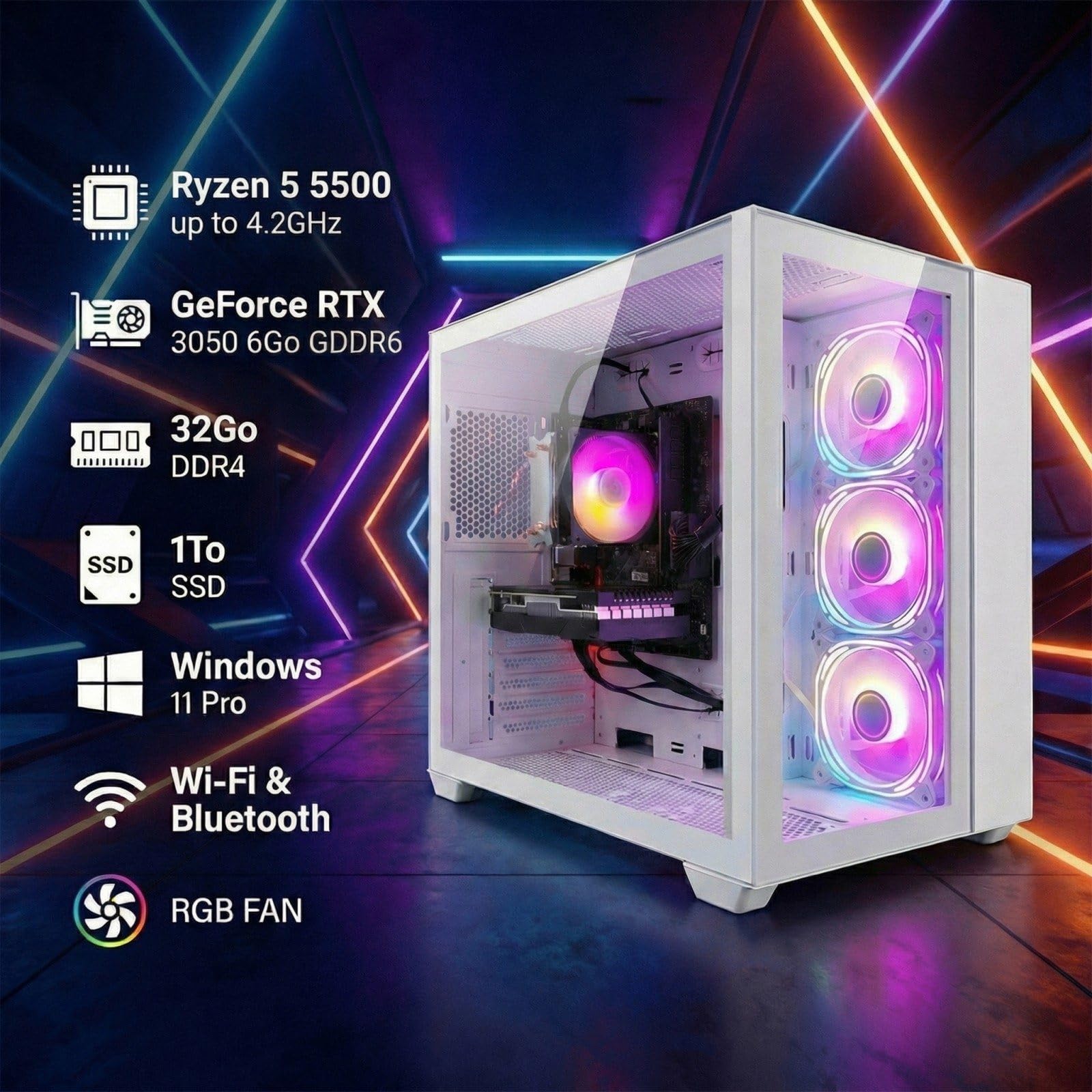 STGSivir PC Gaming Fisso, Computer Gaming, Ryzen 5 5500 fino a 4.2GHz，GeForce RTX 3050 6GB，32GB DDR4 RAM，1TB SSD，WIFI 6, BT 5.0，ventole RGB x3 Windows11 Pro