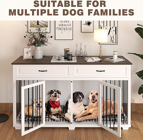 Miniatura 4 de Lovinouse Muebles grandes de jaula doble para perros, perrera de madera de 72.4 pulgadas con 2 cajones y divisores, muebles de jaula XXL resistentes