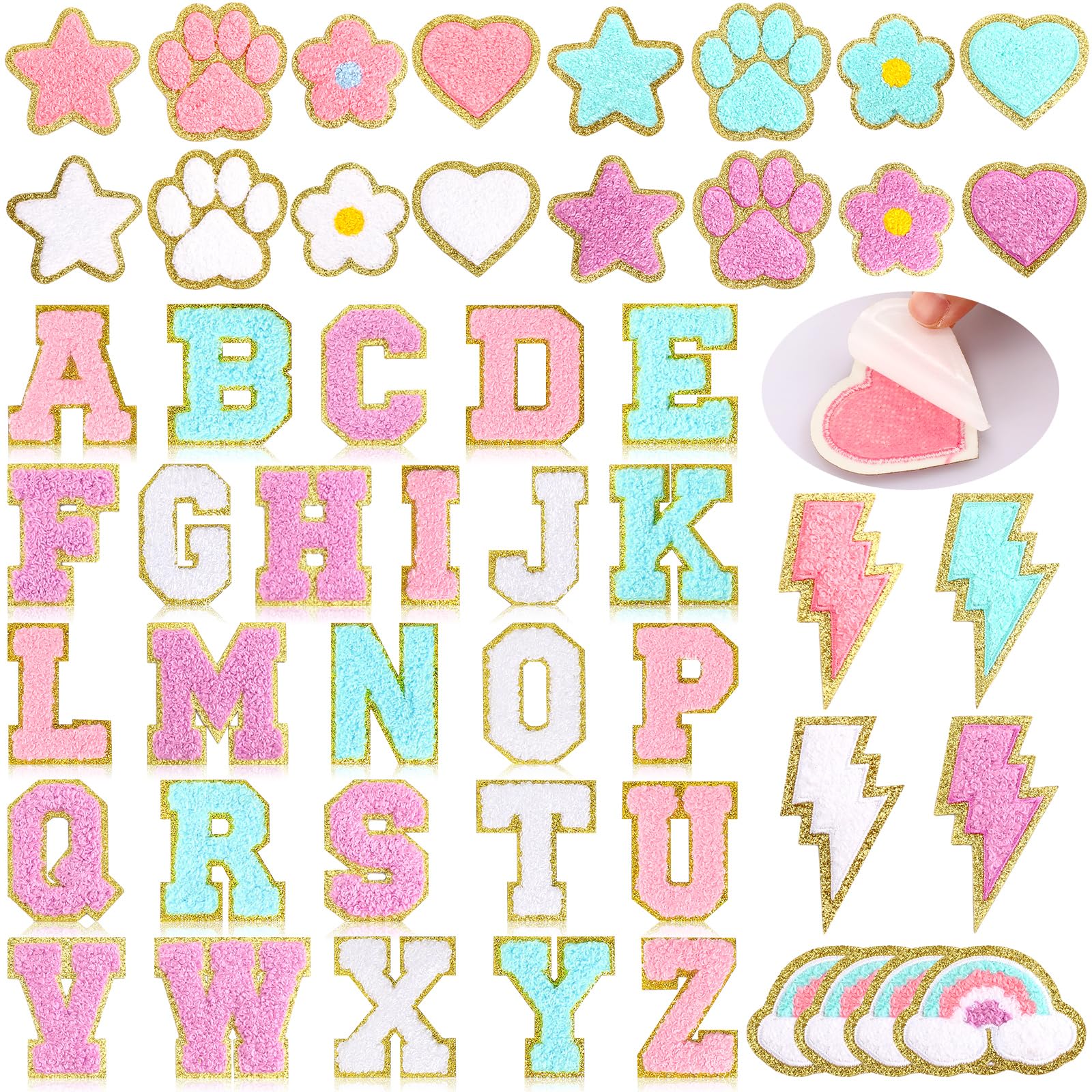 Yilloog 50 Pcs Self Adhesive Chenille Patches Paw Print Smile Face Heart Patch Preppy Sticker Chenille Rainbow Sew on Sticker for Jackets Jeans(Classic Style)