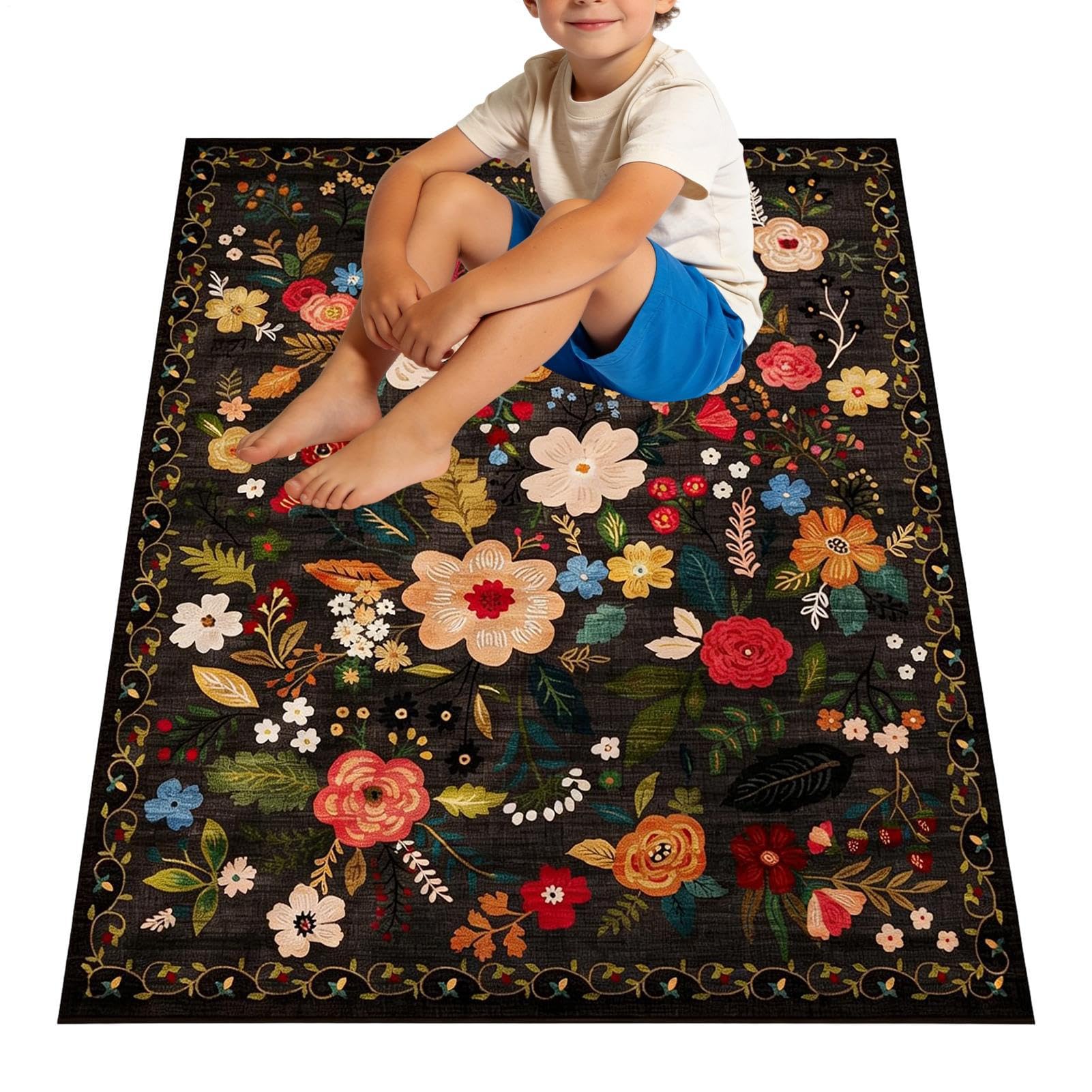 Tapis floral vintage bohème grand format pour entrée et cuisine