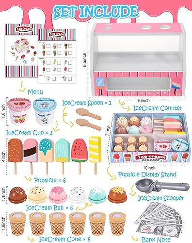 Miniatura 2 de Juguetes de helado de madera para niños, tienda de juegos de cocina para niños pequeños, accesorios de cocina con cucharada, menú y dinero falso,