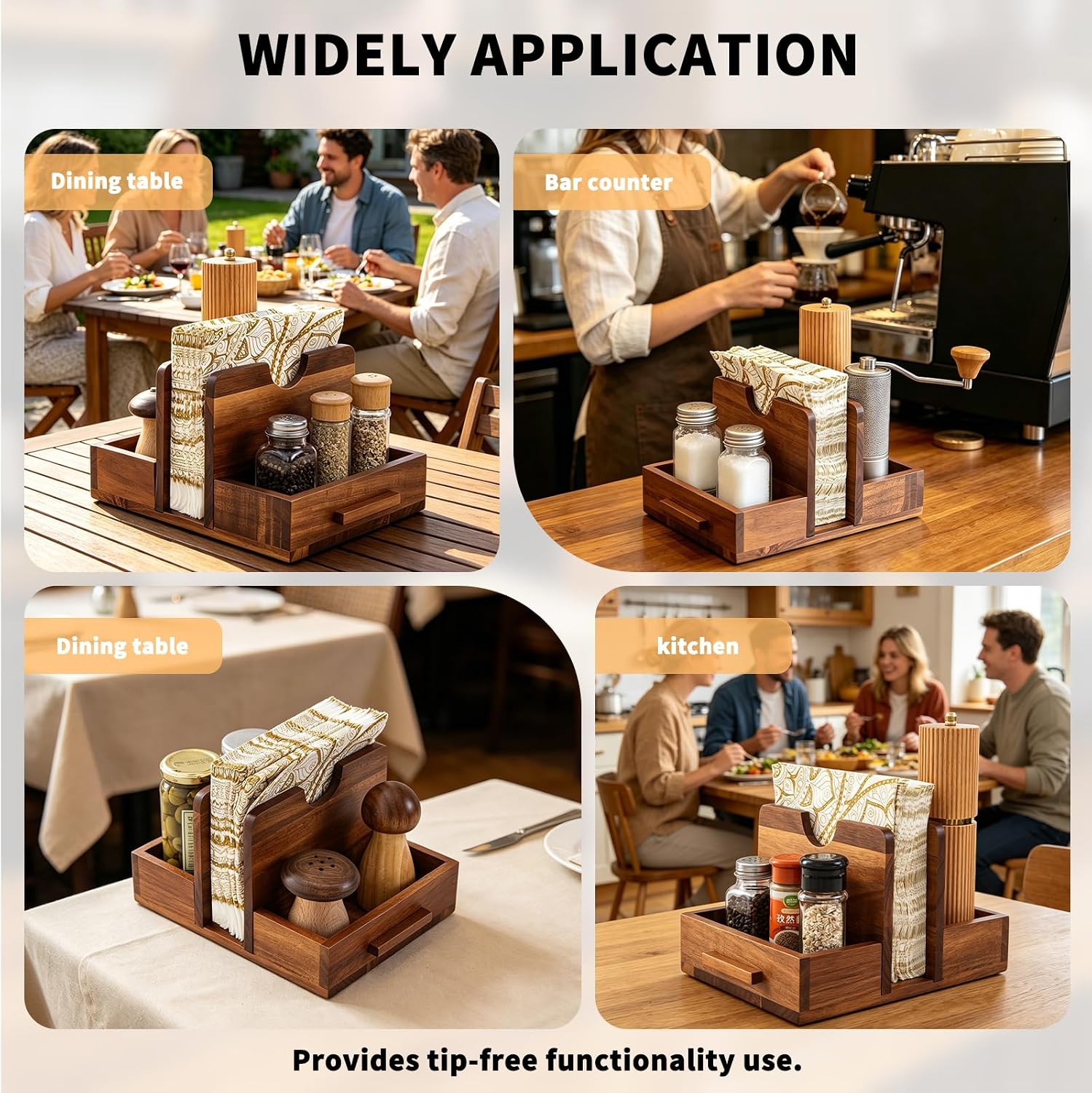GinSent Wooden Napkin Holder for Table, with Salt and Pepper Caddy