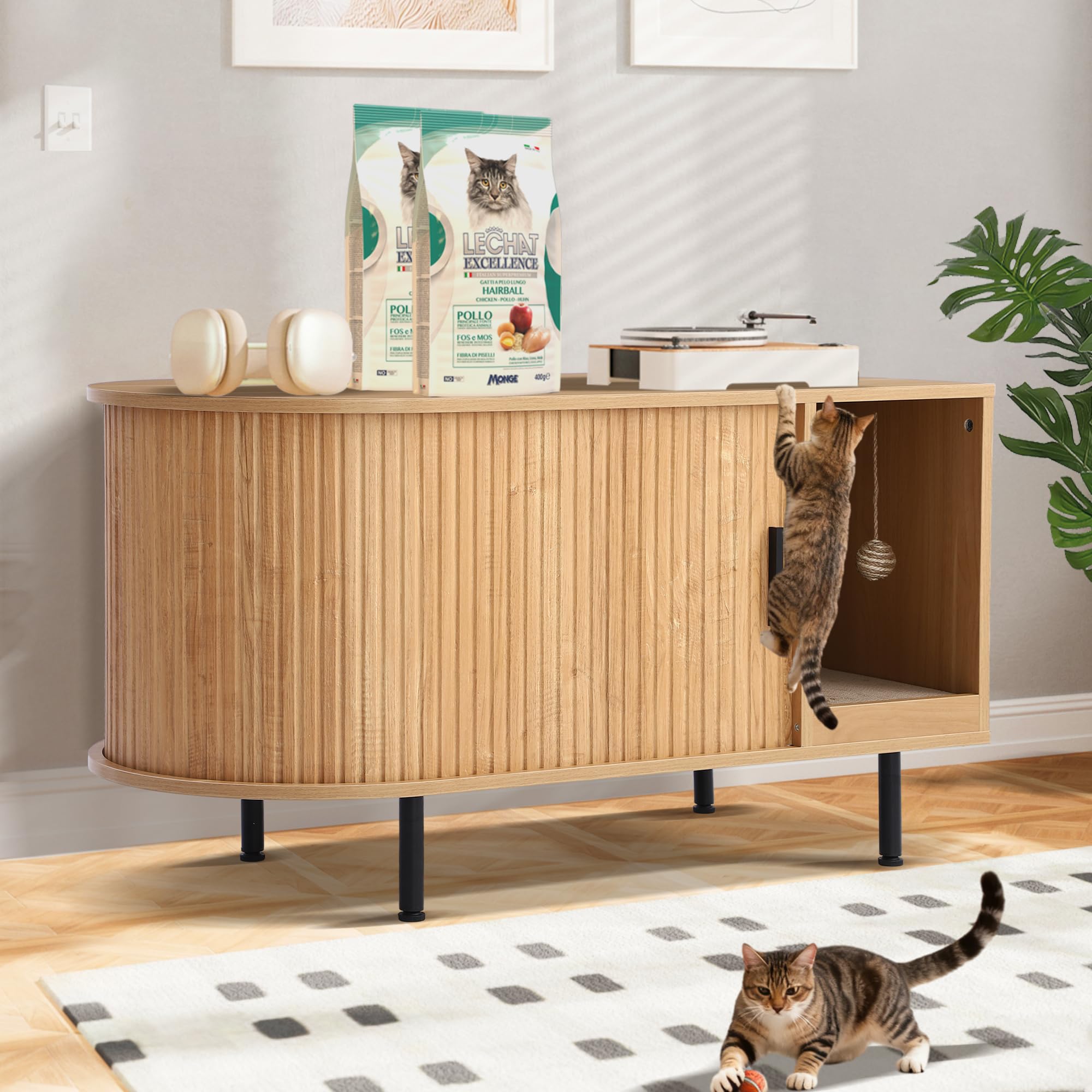 Grepatio Fluted Cat Litter Box Enclosure, 37.4" Large Hidden Litter Box Furniture, Wooden Litterbox Cabinet with Cat Scratch Pad and Ball, Indoor Cat Kitty House for Living Room (Natural, Single)