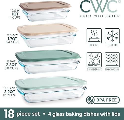 Miniatura 3 de COOK WITH COLOR Juego de 8 platos para hornear de vidrio profundo con tapas de plástico, cazuela y recipientes de almacenamiento de alimentos para