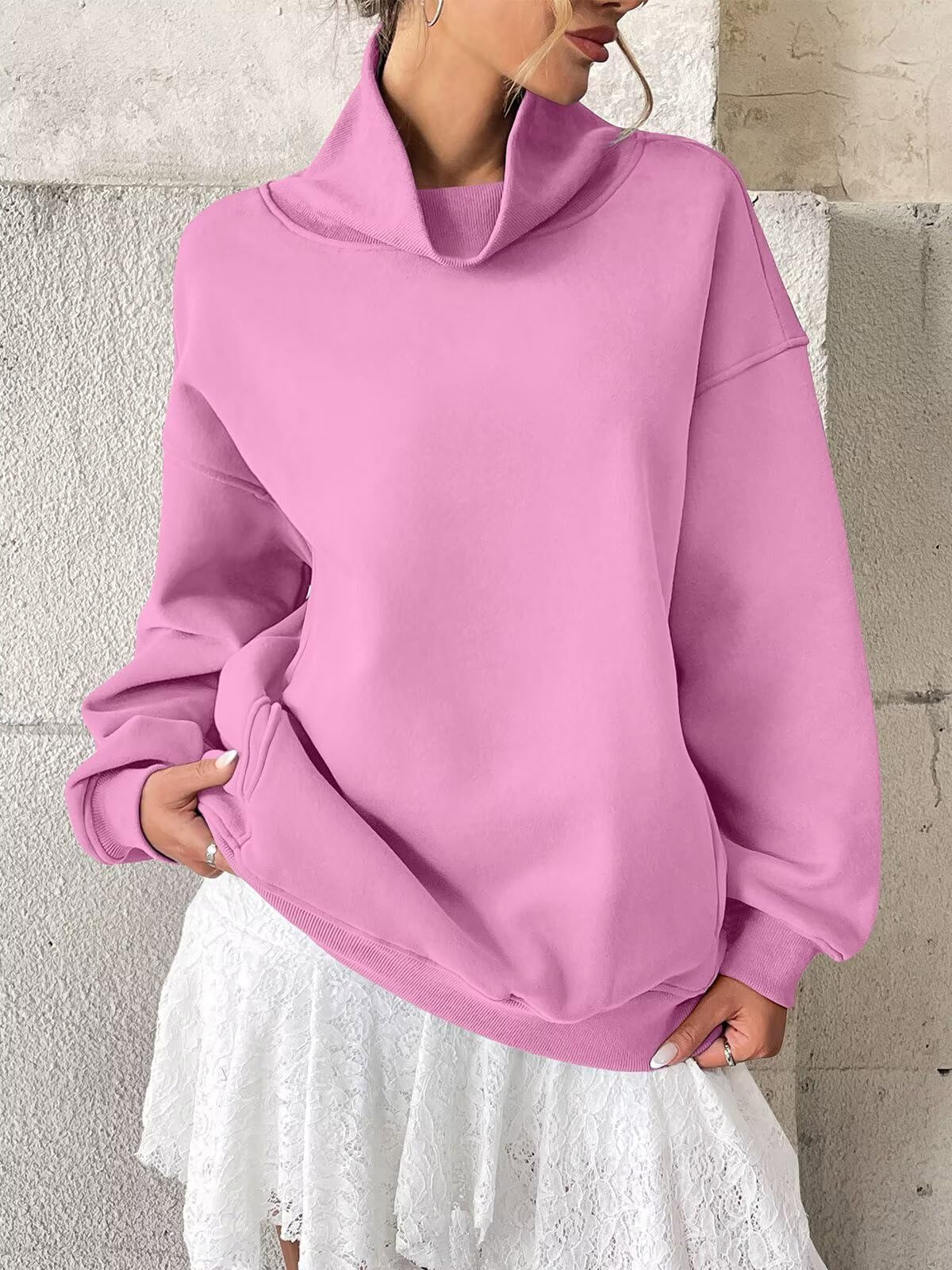 Tomwell Sudaderas de forro polar para mujer con bolsillos, cuello de tortuga, de moda, de manga larga, para otoño