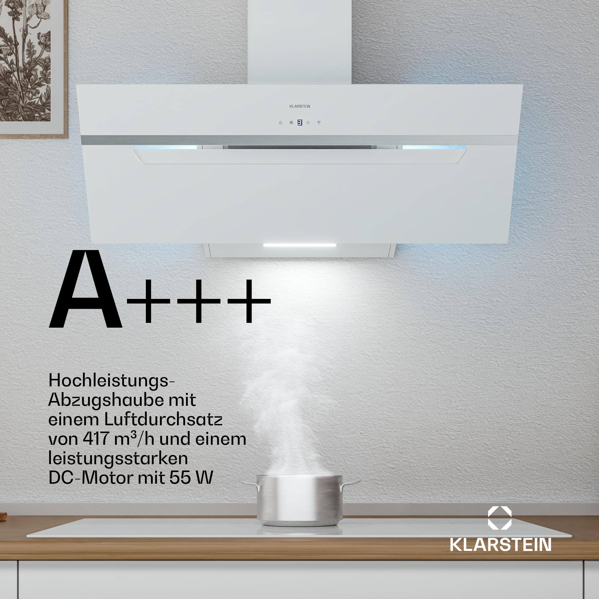 Klarstein BigBite Kopffreihaube 90 cm – Abzugshaube mit Touch-Bedienung, 417 m³/h Boost, LED-Beleuchtung, A+++ Energieeffizienz, Umluft & Abluft, Glasdesign, leise, dunstabzugshaube, Weiß