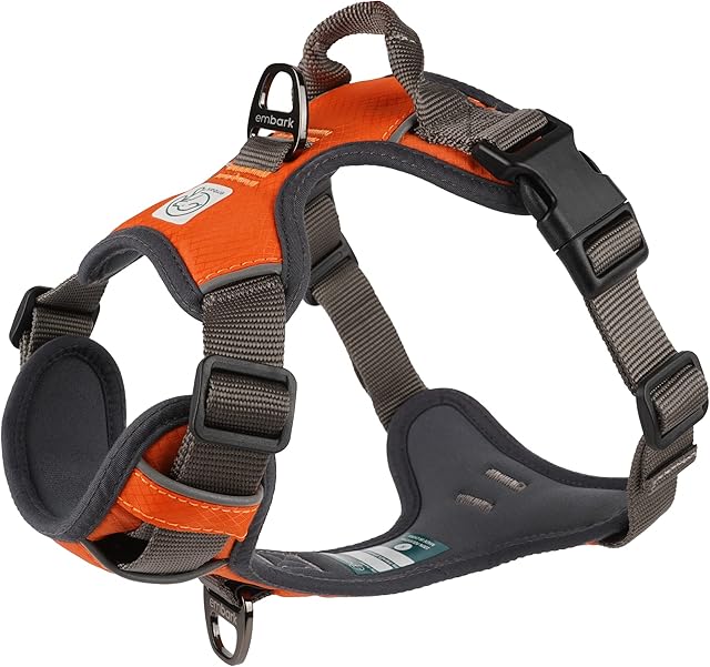 Embark Pets Adventure Dog Harness, Easy On and Off with Front and Back Lead Attachments & Control Handle - No Pull Training, Size Adjustable and No Choke (Medium Orange)
