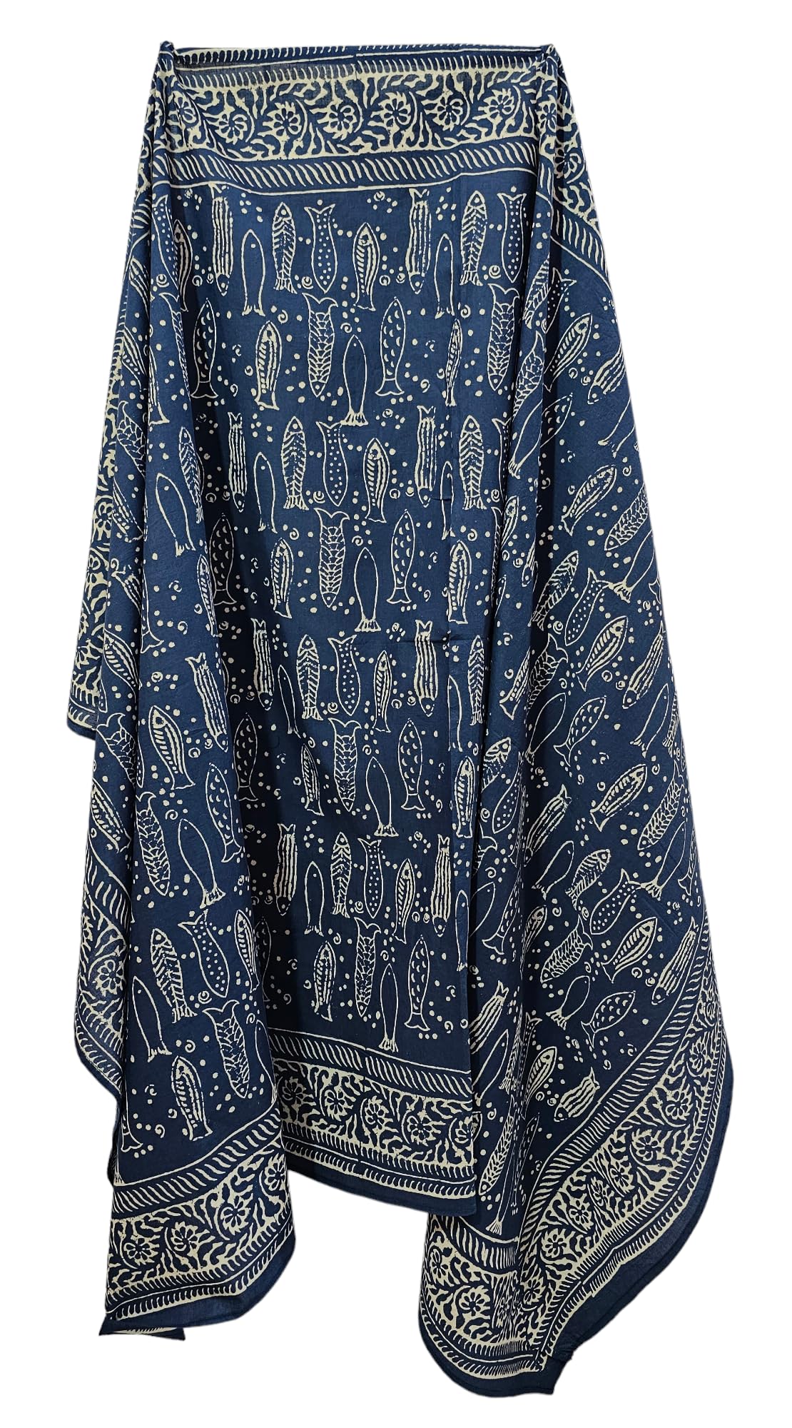 Indigo Blue Cotton Pareo Hand Dyed Scarves Indian Hand Block Print Sarong, Size 44x72 Inch