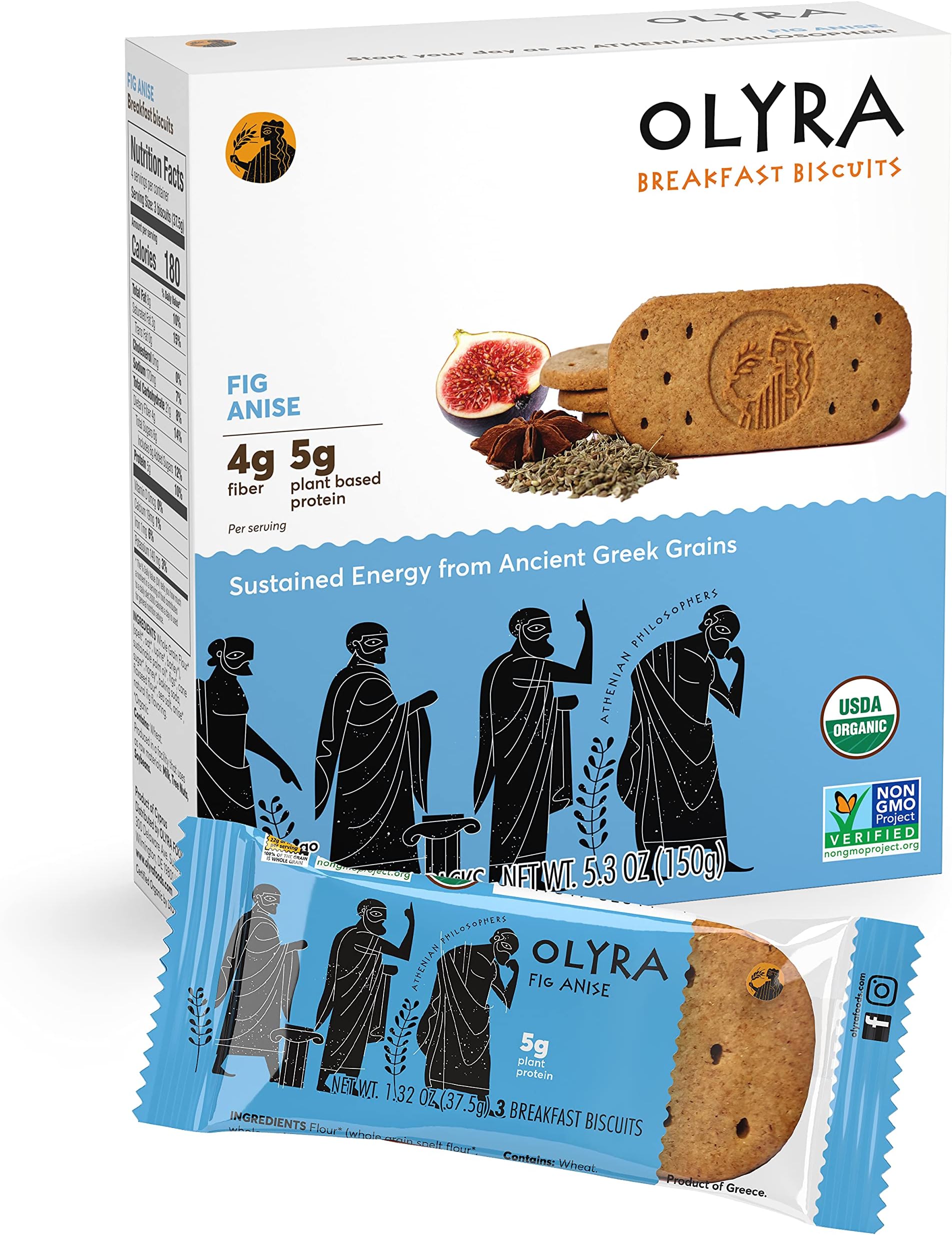 Organic Breakfast Biscuits Fig Anise | Healthy Snacks, Low Sugar, High Fiber, Plant Based Protein Cookies (1 Box of 4 Packs)