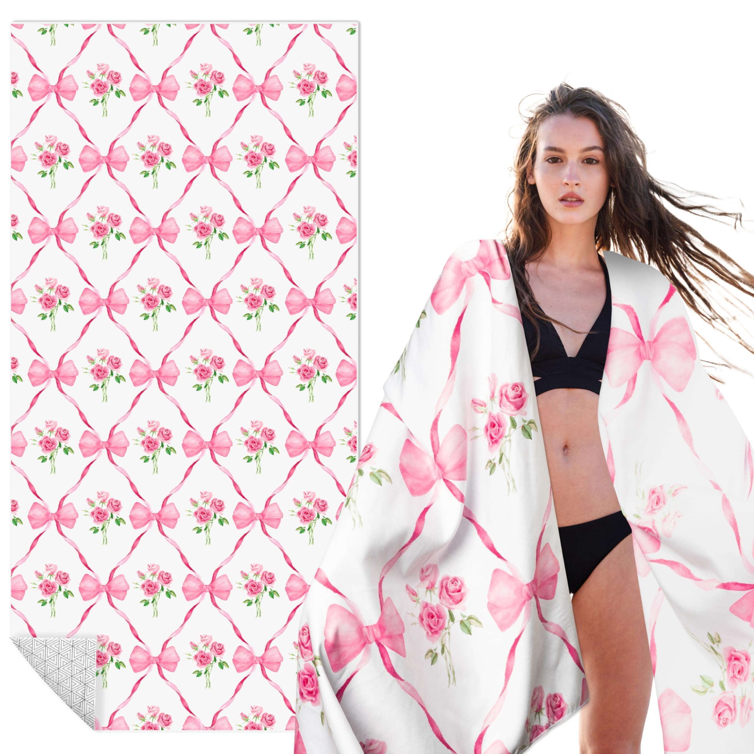 Pink Bow Oversized Beach Towel - Flower Double-sided Thin Microfiber Lightweight Pool Towel 71"x35" Quick Dry Towel Sand Free Blanket for Bath Sport