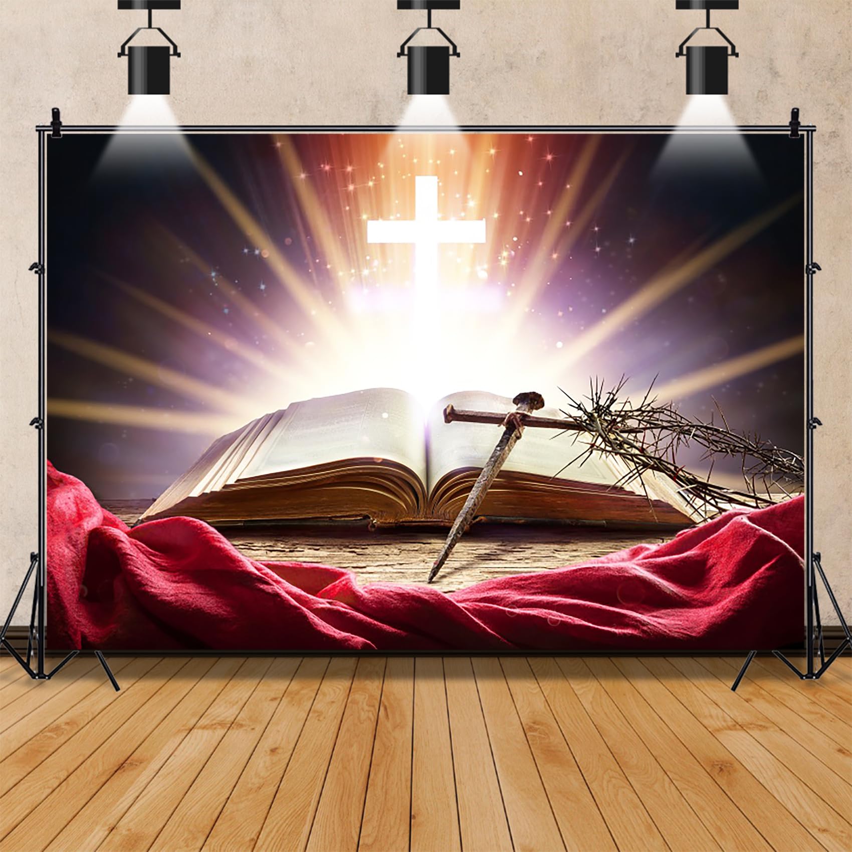BELECO 7x5ft Fabric Retro Holy Bible Cross Backdrop Holy Light Glowing Crucifix God Belief Jesus Christ Biblical Backdrop Background Christian Church Sanctuary Decor Easter Photo Booth Studio Props - View #6