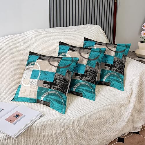 Miniatura 4 de Paquete de 4 fundas de almohada de arte turquesa degradado, fundas de almohada modernas retro con círculo, geometría circular, fundas de cojín