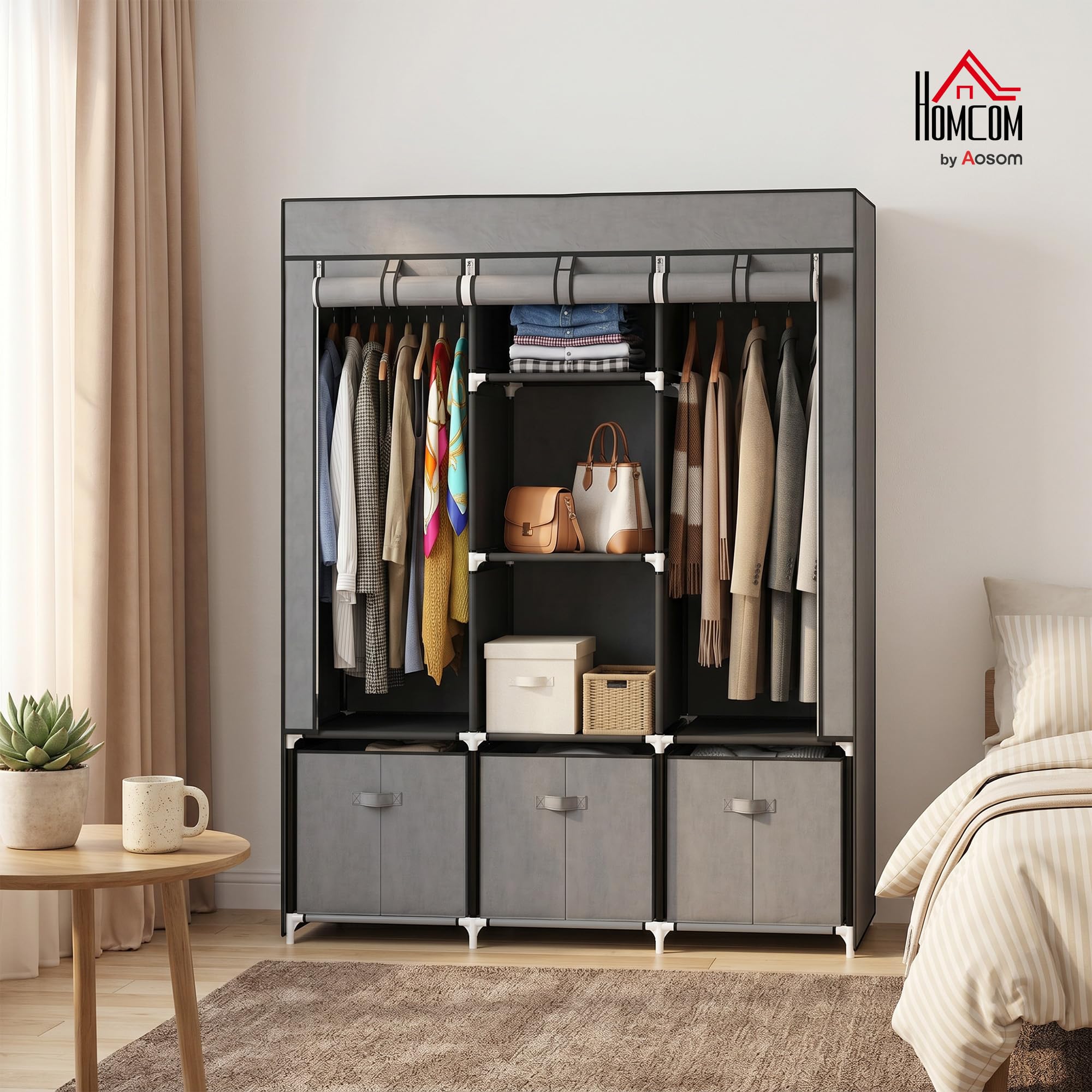 HOMCOM Kleiderschrank Stoffschrank mit Kleiderstange, Schubladen, Reißverschluss Faltschrank für Schlafzimmer, Ankleidezimmer, 125 x 43 x 162,5 cm, Dunkelgrau