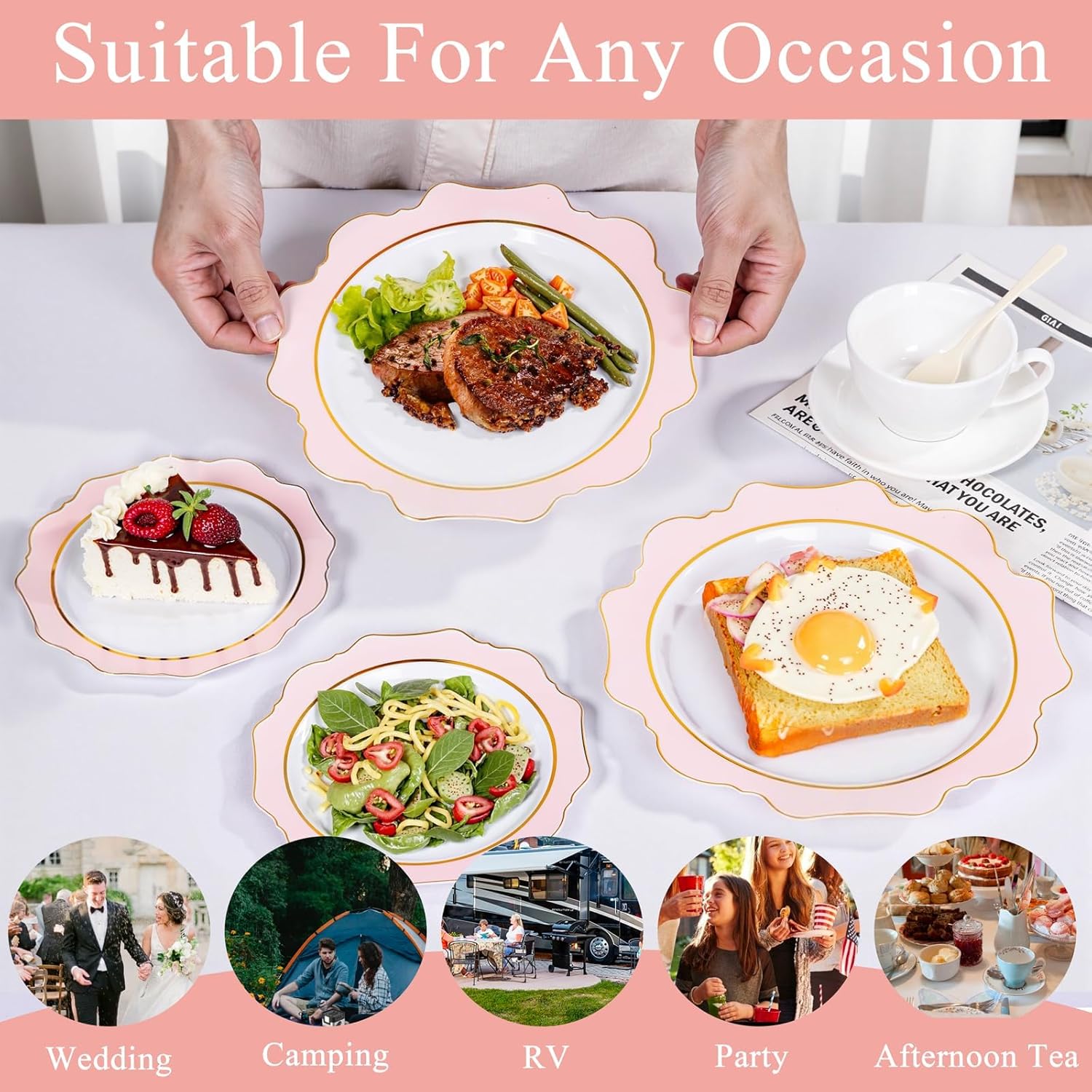 WDF 100PCS Pink Plastic Plates - Heavy Duty Pink and Gold Disposable Plates - Include 50 Dinner Plate and 50 Cake Plastic Plate for Baby Shower/Wedding/Spring/Bridal Shower/Tea Party/Easter