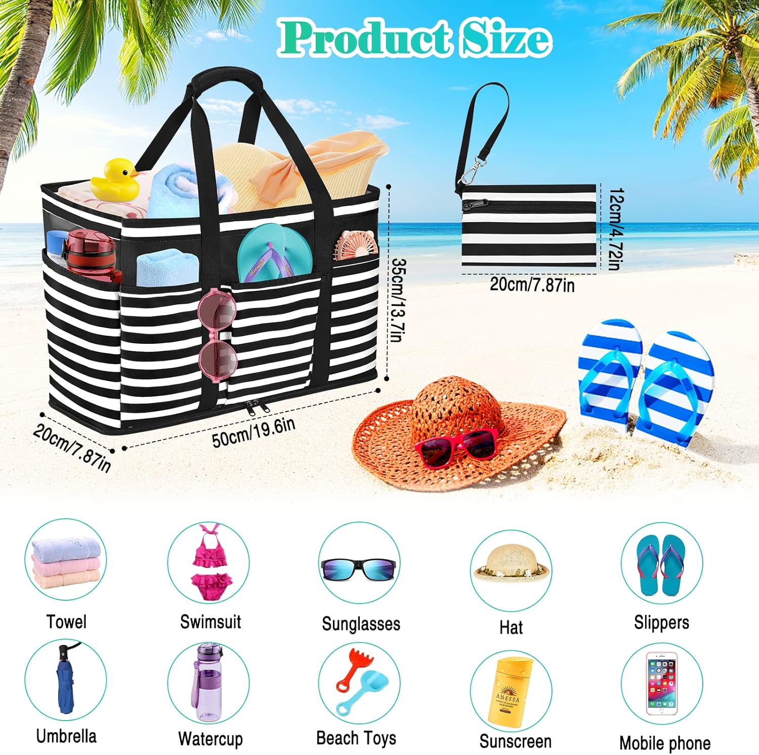 JUYANO Extra grote strandtas voor dames met ritssluiting, waterdichte strandtassen met een nat vak, draagtas voor de zomer, familie grote schoudertas voor strand, vakantie, winkelen, reizen