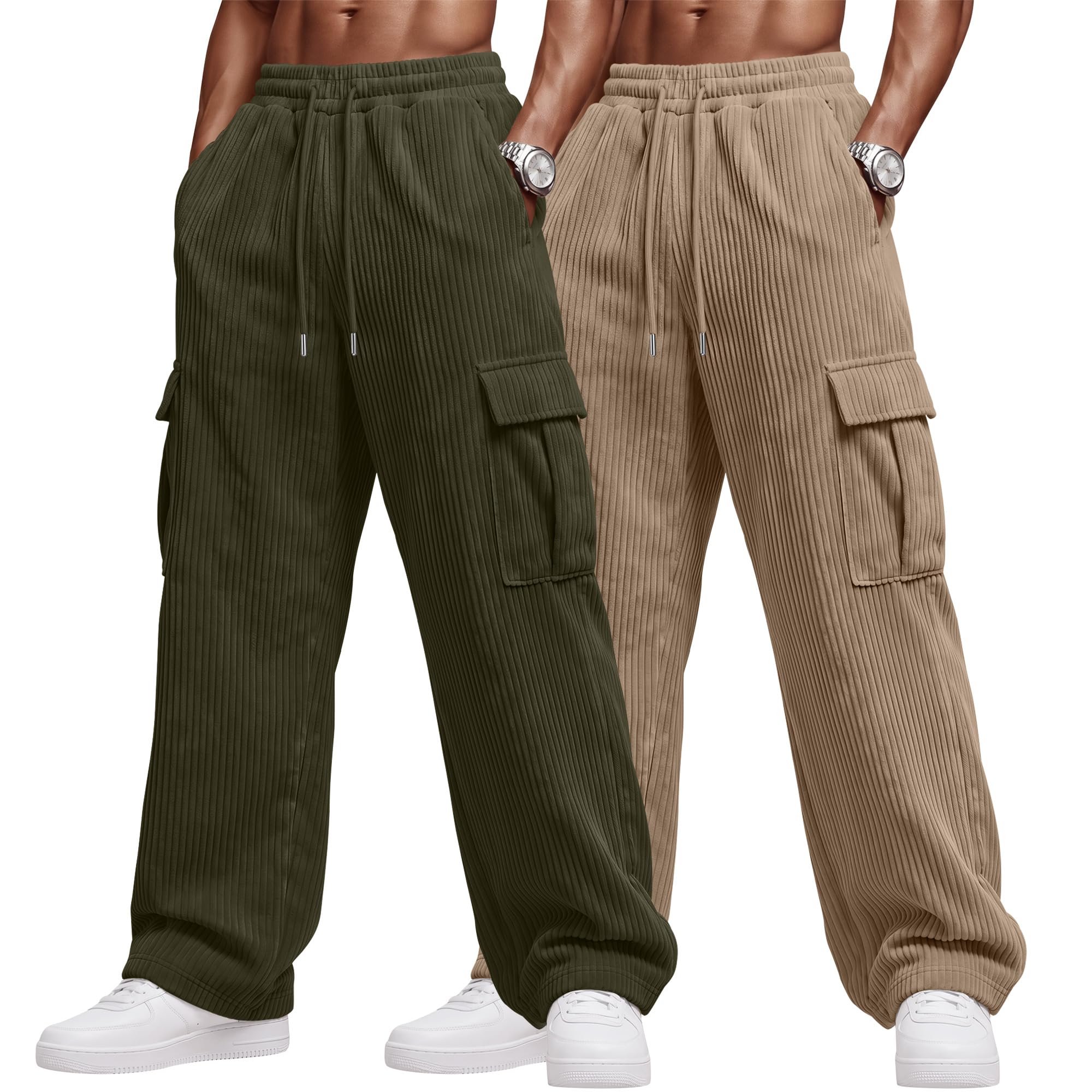 2 Pack Men's Corduroy Cargo Pants Baggy Casual Sweatpants