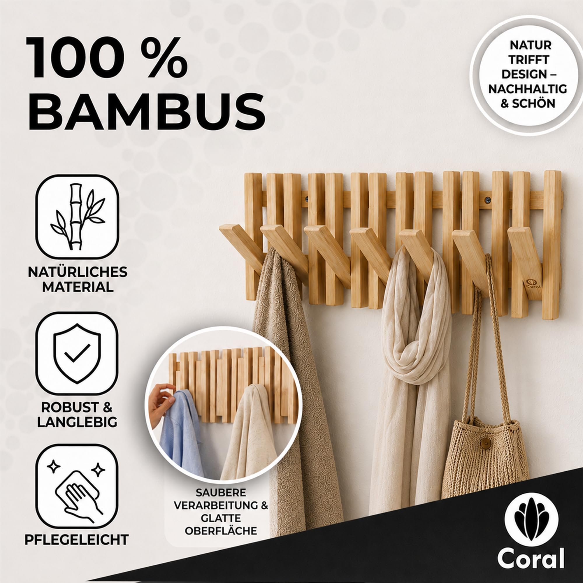 Coral® - Gancio appendiabiti in 100% legno di bambù con 7 ganci (orizzontali), appendiabiti e appendiabiti da parete, ganci da parete per vestiti e giacche, pannelli appendiabiti e ganci da appendere