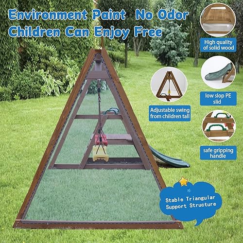 Miniatura 5 de Juego de columpios para niños para exteriores y tobogán, marco de columpio de madera maciza resistente con escalera de escalada, color natural