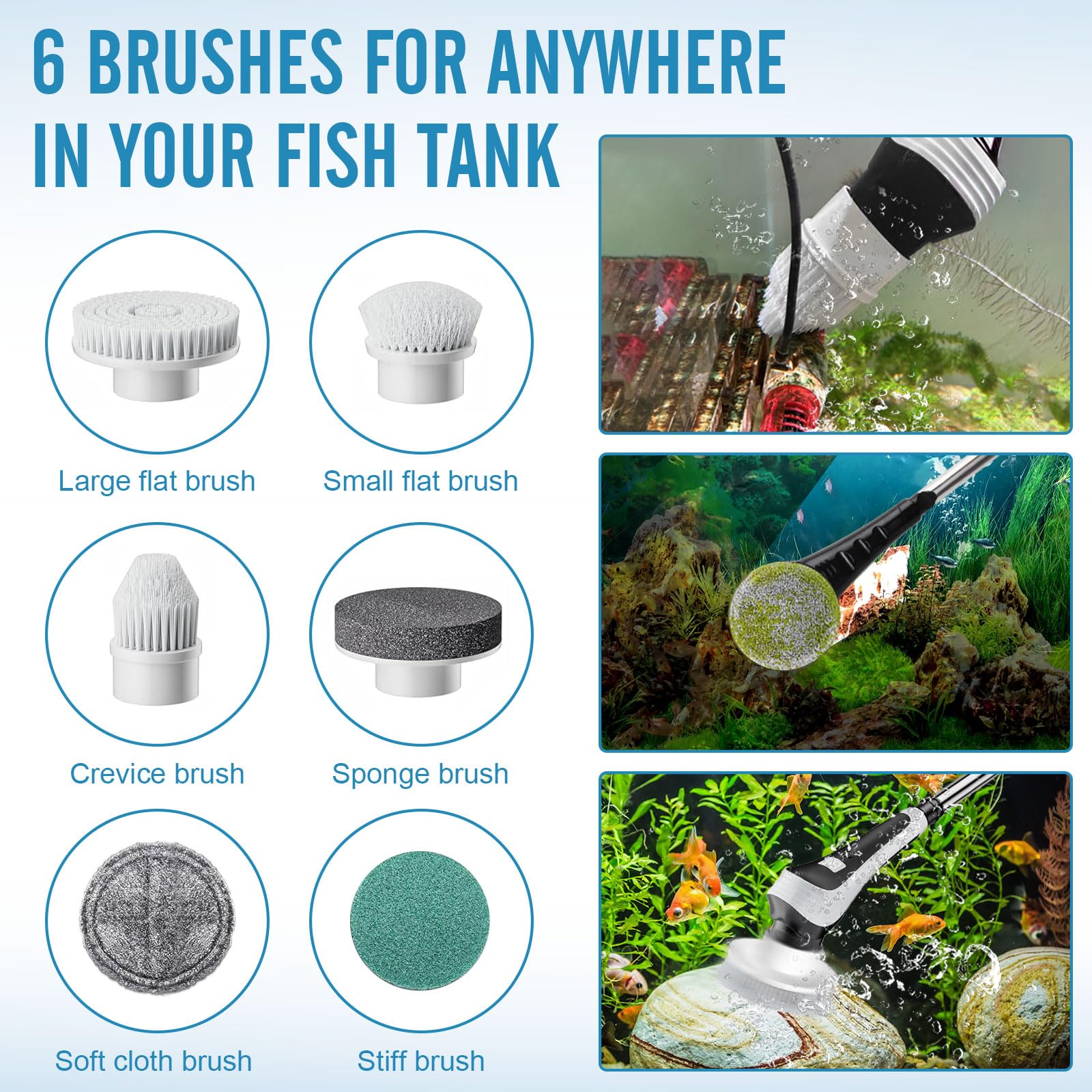 Nettoyeur électrique 6 en 1 pour Aquarium, Brosse de Nettoyage rotative étanche IPX8, Nettoyeur de Gravier et changeur d'eau, kit d'outils avec poignée réglable
