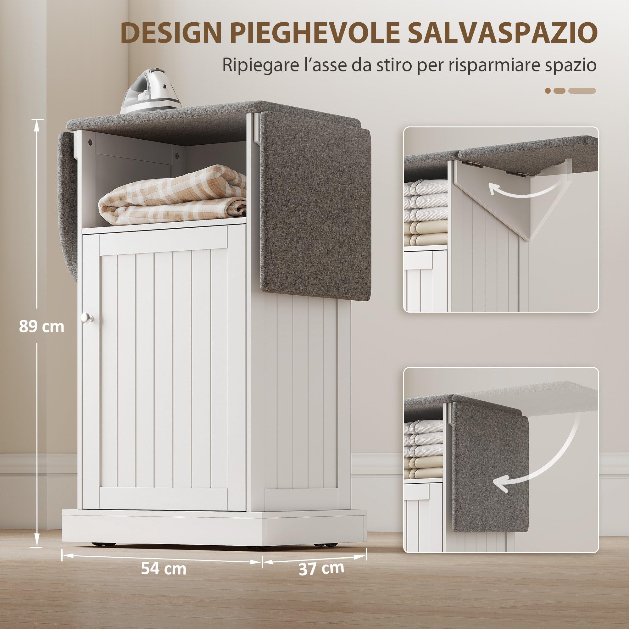 HOMCOM Mobile Asse da Stiro Salvaspazio Pieghevole con Ruote a Freno, Mobile da Stiro Multiuso con Vano Aperto, Ripiano Regolabile, per Lavanderia e Bagno, 121x37x89 cm, Bianco