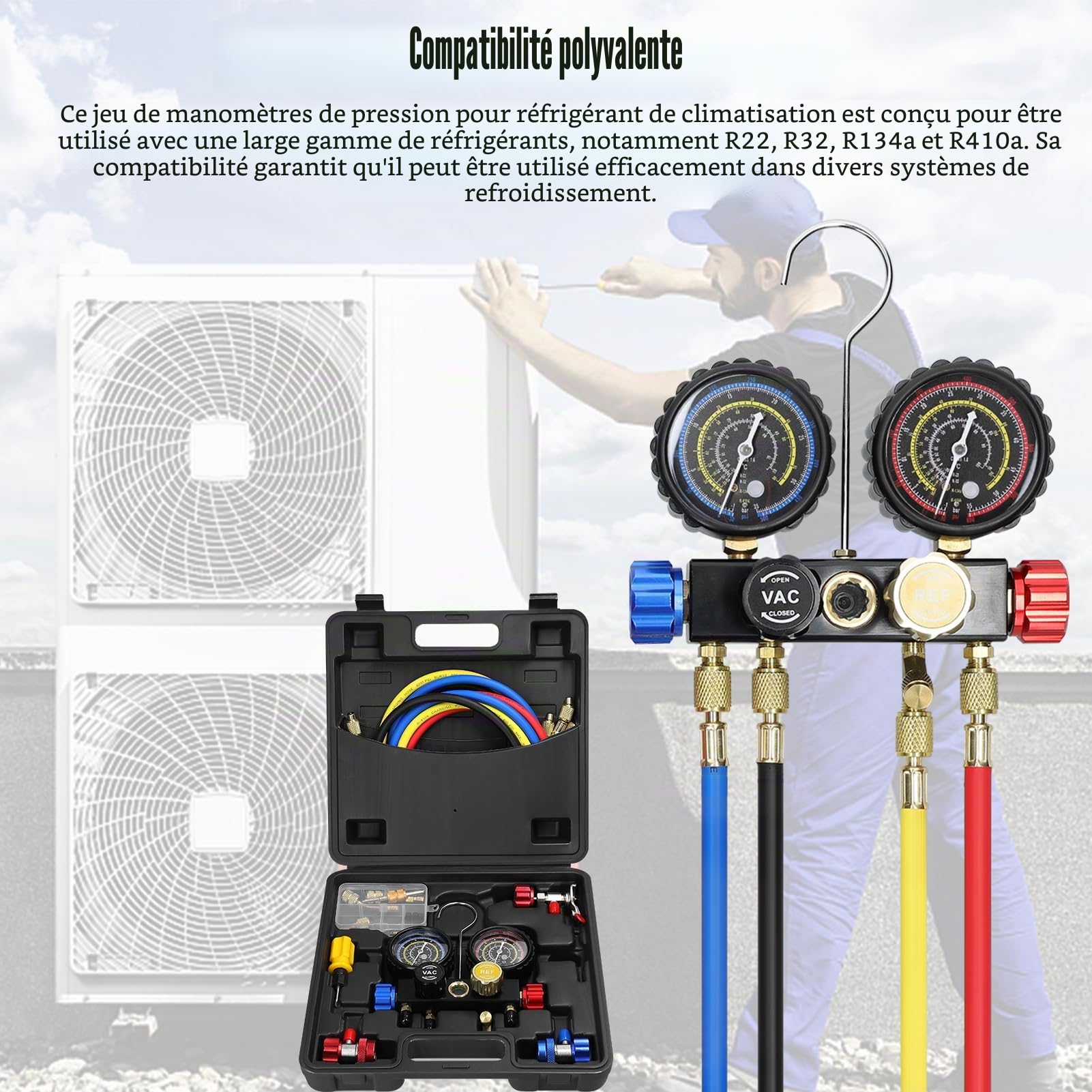 Réfrigérant Manifold Gauge Set, Weytoll Ensemble de manomètres pour climatisation, adaptateurs de couplage rapide en laiton pour réfrigérant R22/R134a/R410a