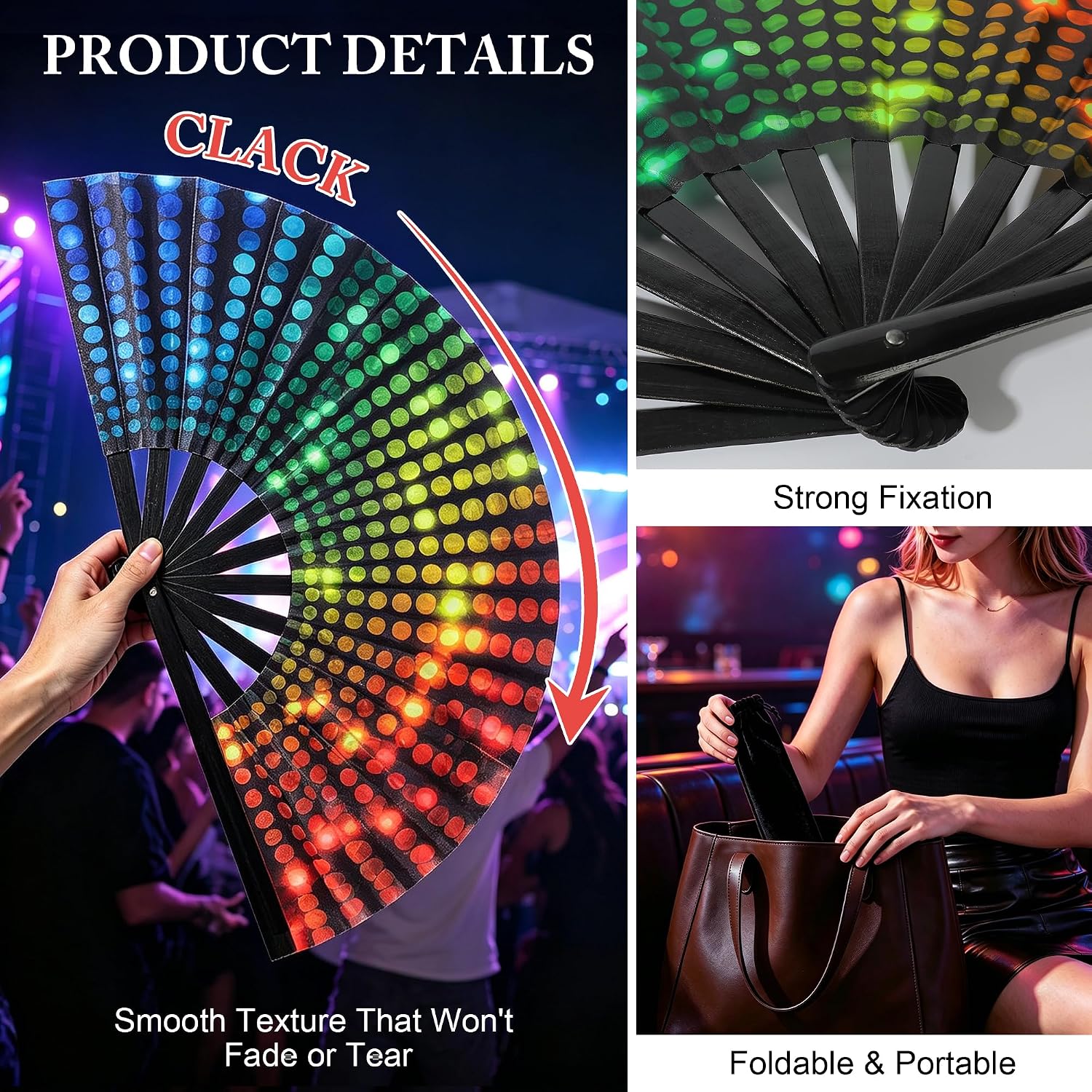 9/13" Rave Fan Women Men, Glitter UV Glow Folding Clack Fan for EDM Festival Line Dancing Club Rave Accessories Party Decor image 3