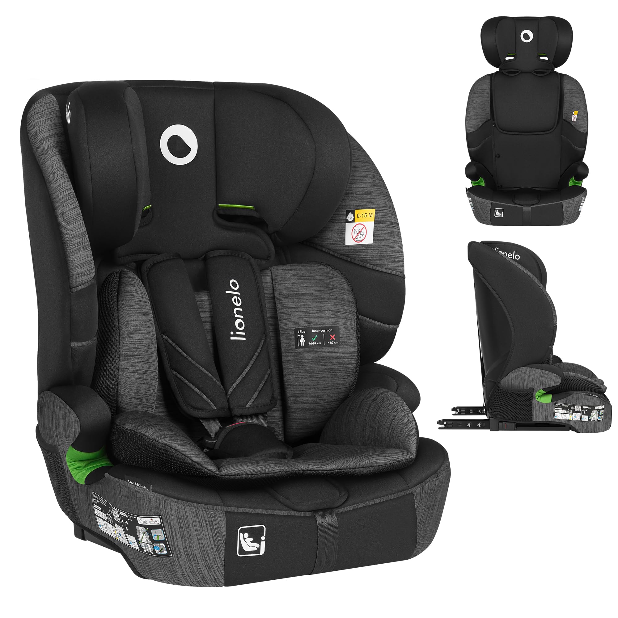 Lionelo Levi Fix I-SIZE fotelik dziecięcy 76-150 cm do 18 kg, grupa 1 2 3, osłona boczna, regulacja zagłówka 10 stopni, ISOFIX i montaż Top Tether, R129 i-Size