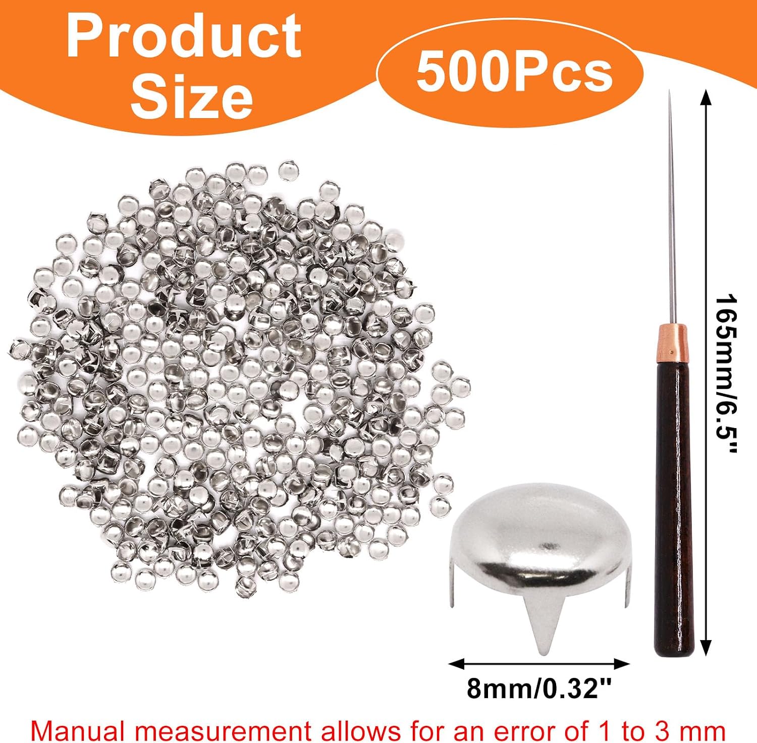 SWZHAI 500Pcs 8mm Round Studs for Clothing, Silver Metal Four-Pronged Studs and Spikes, Punk Style Rivets for Clothing Decoration Pet Collars Jackets Bags