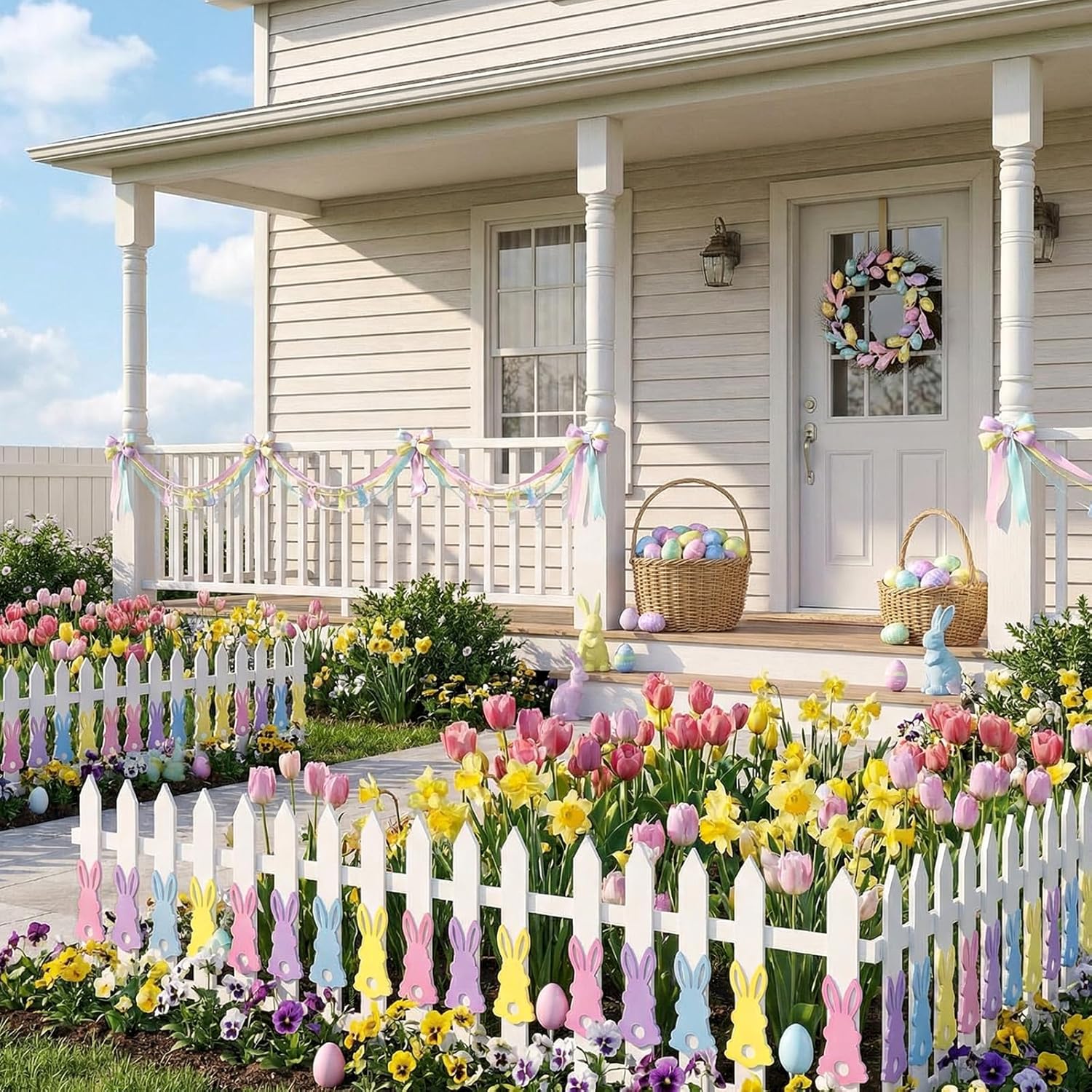 6 Pcs Easter Bunny Wooden Garden Fence 15.7" H x 72" L Landscape Edging Border, Garden Border Panels Ornamental Fence for Home School Lawn Flower Beds Pathways Outdoor Decor(Easter)