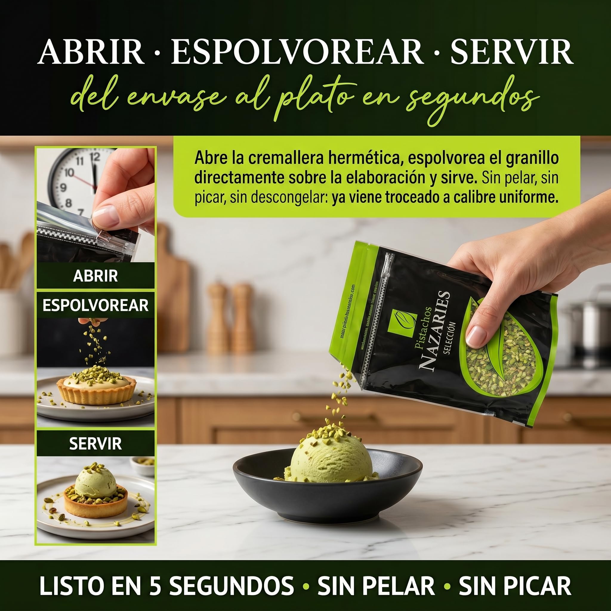 Nazaries Granillo de Pistacho al Natural Sin Sal pack 2x250 g Bolsa Hermetica Sin Gluten Andalucia Troceado Reposteria Helados Tarta Yogur Baklava Decoracion Postres Frutos Secos Picado Crudo Pelado